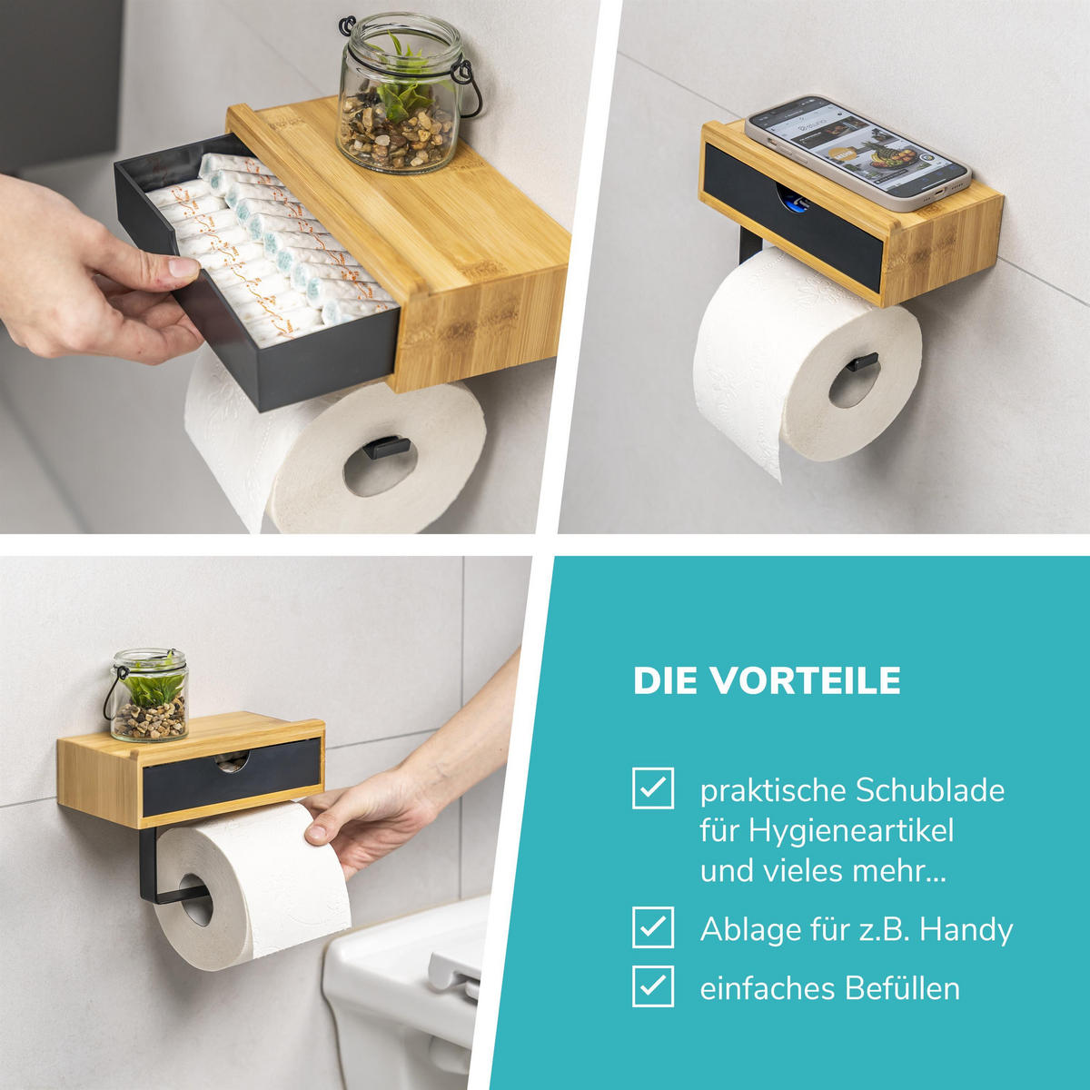 TOILETTENPAPIERHALTER, Bambus/Metall schwarz - Schwarz, Holz (18.5/13/10.5cm) - eluno