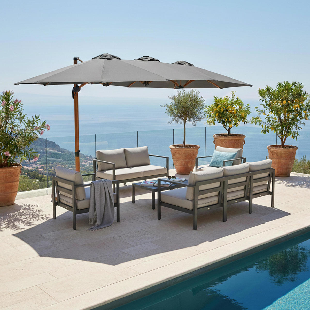 DOPPELSONNENSCHIRM 3 Köpfe und drehbarer 360°, Grau - Grau, Textil (265/450cm) - Oviala