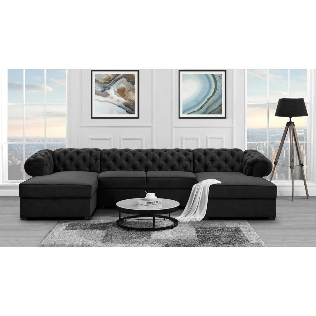 WOHNLANDSCHAFT Chester im Chesterfield-Stil, Schwarz - Schwarz, Textil (348/81/174cm) - Beautysofa