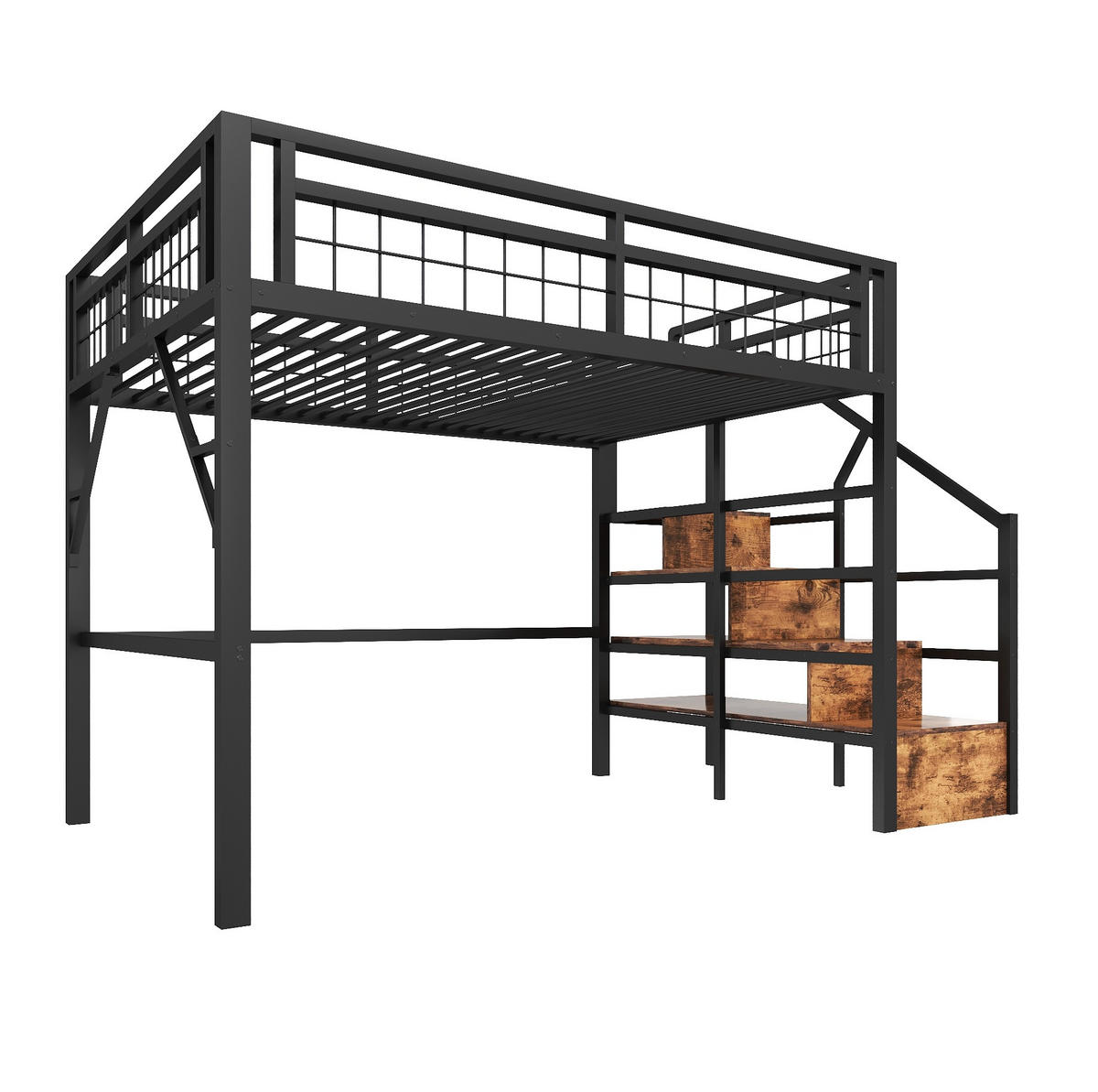 HOCHBETT 140/200 cm mit LED-Lichtleiste, Stauraumtreppe und offenem Freiraum, Schwarz - Schwarz, Metall (140/200cm) - Redom