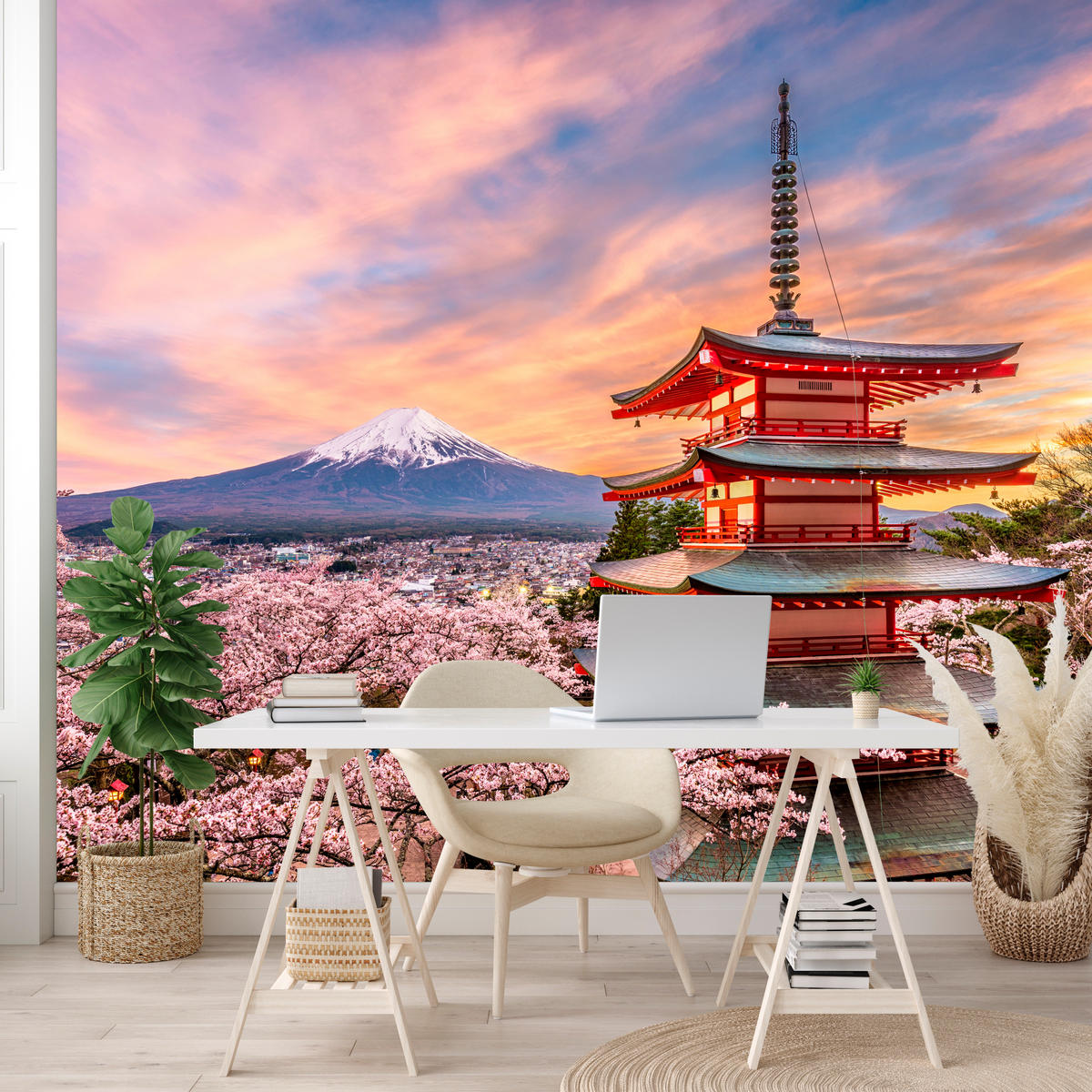 FOTOTAPETE für Wohnzimmer Japanische Pagode Frühling Sonnenuntergang 150x105 - Rot/Violett, Papier (150/105cm) - Muralo