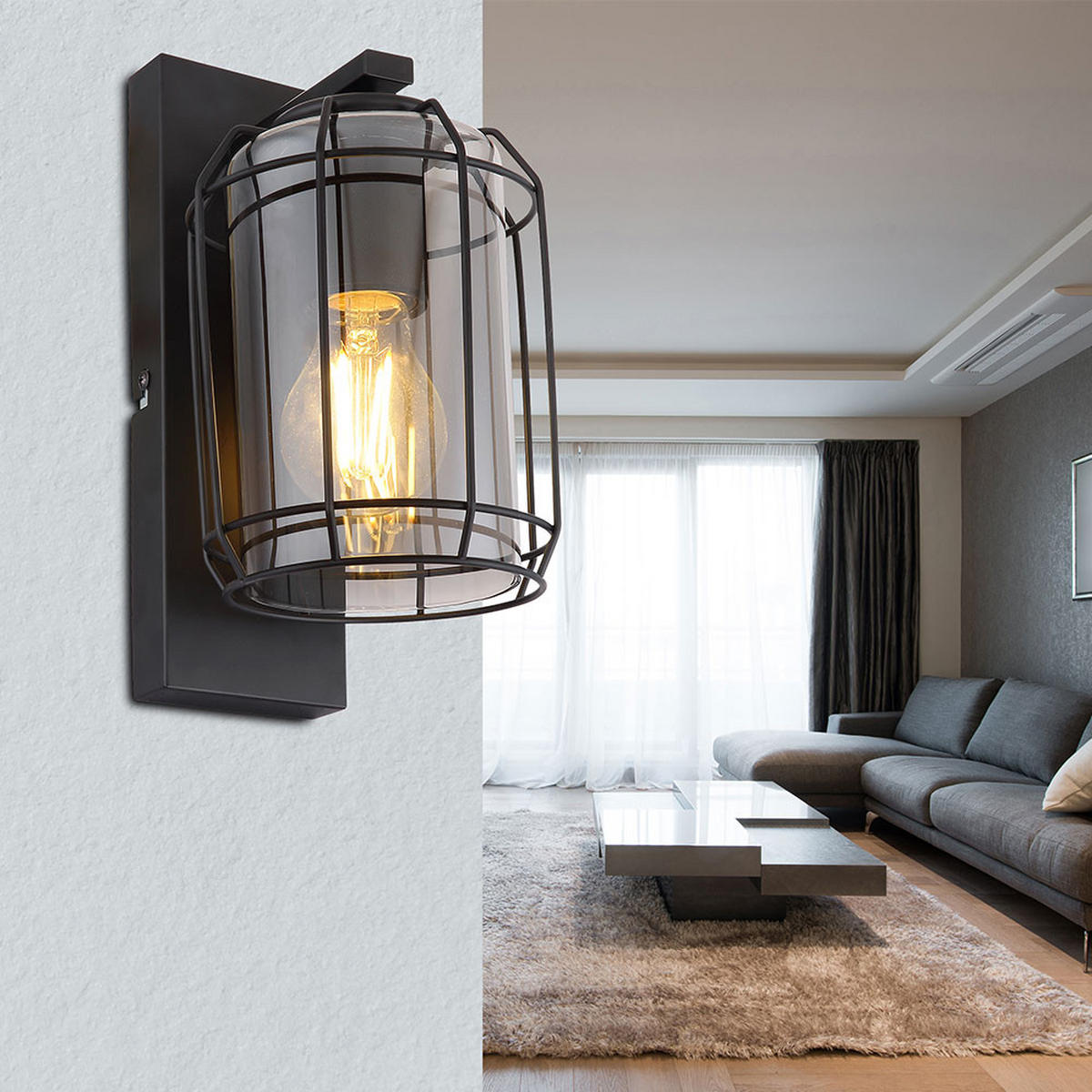 WANDLEUCHTE Käfig-Design Grau Rauchglas - Grau, Glas (13/25/16.5cm) - Globo Lighting