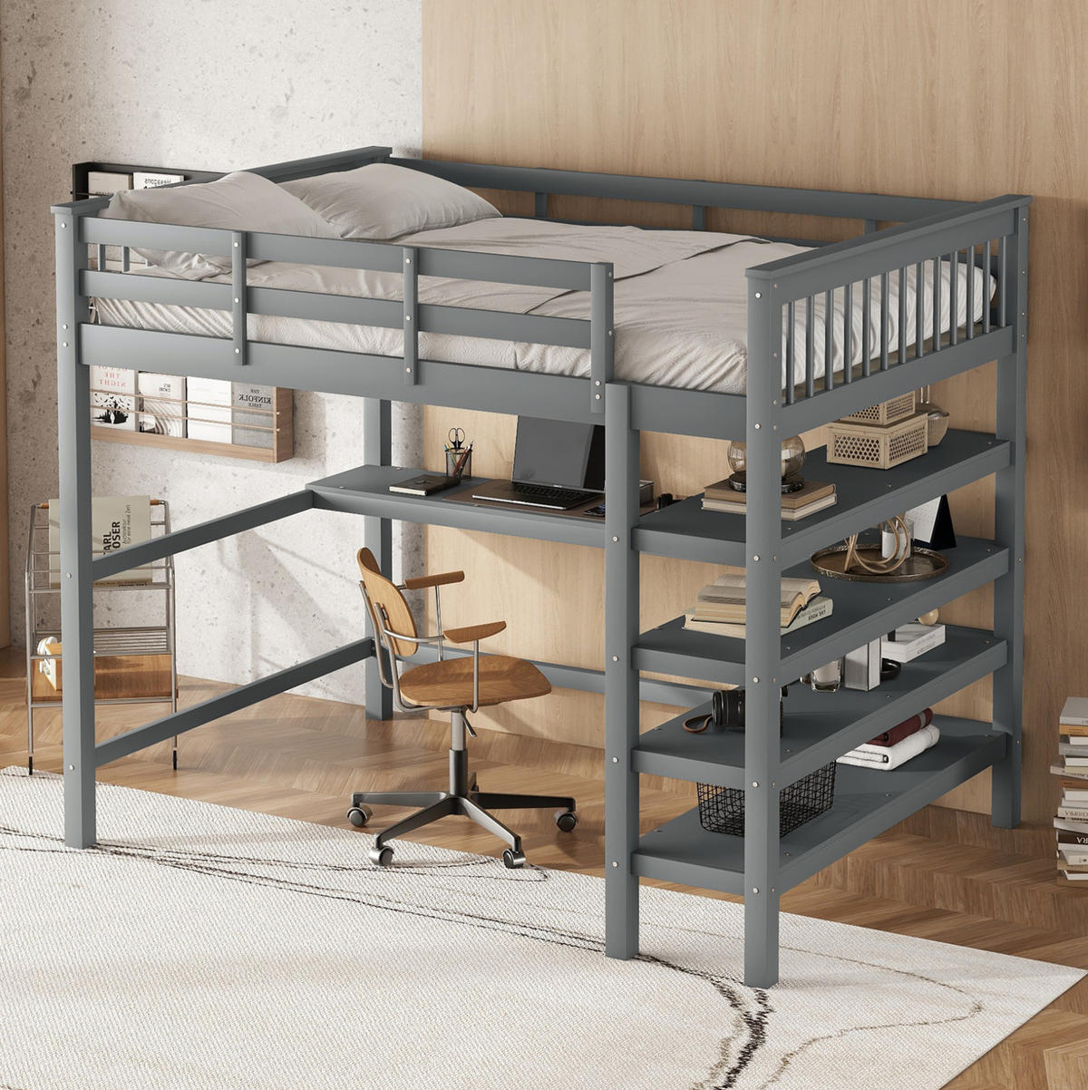 HOCHBETT 140/200 cm Grau aus Kiefernholz mit Schreibtisch und Ablagefächern - Grau, Holz (140/200cm) - OKMYHOME