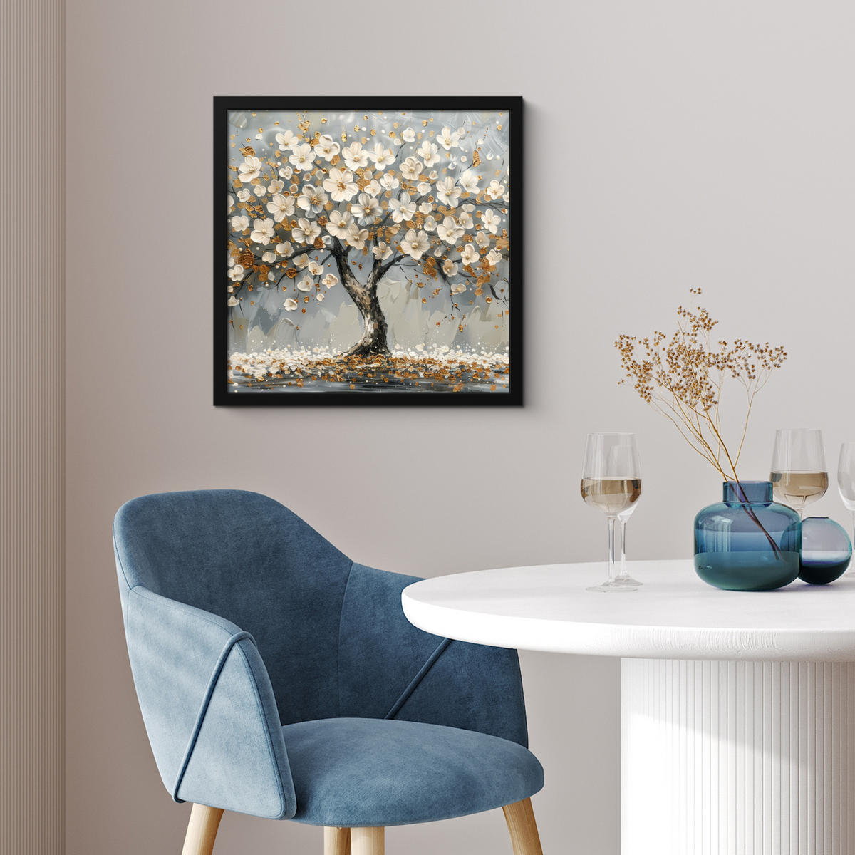 POSTER MIT RAHMEN Baum - Blumen - Weiß - Natur - Kunst 40x40 cm - Weiß, Papier (40/40cm) - MuchoWow