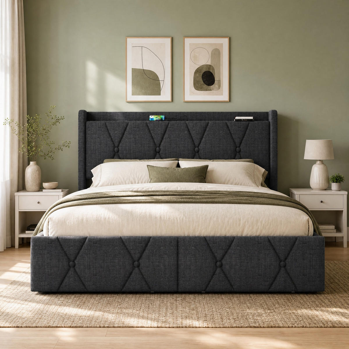 POLSTERBETT 140/200 mit Steckdosen, USB und 4 Schubladen in Grau - Grau, Holzwerkstoff/Textil (140/200cm) - EVRYAE