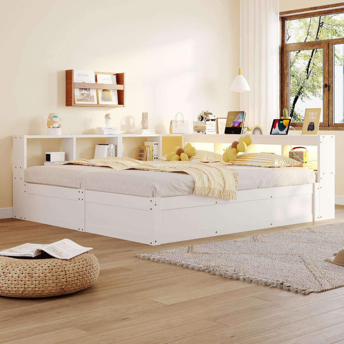 SCHLAFSOFA 90x200cm LED Stauraum Steckdose Holzbett Weiß - Weiß, Holzwerkstoff (180/200cm) - FLIEKS