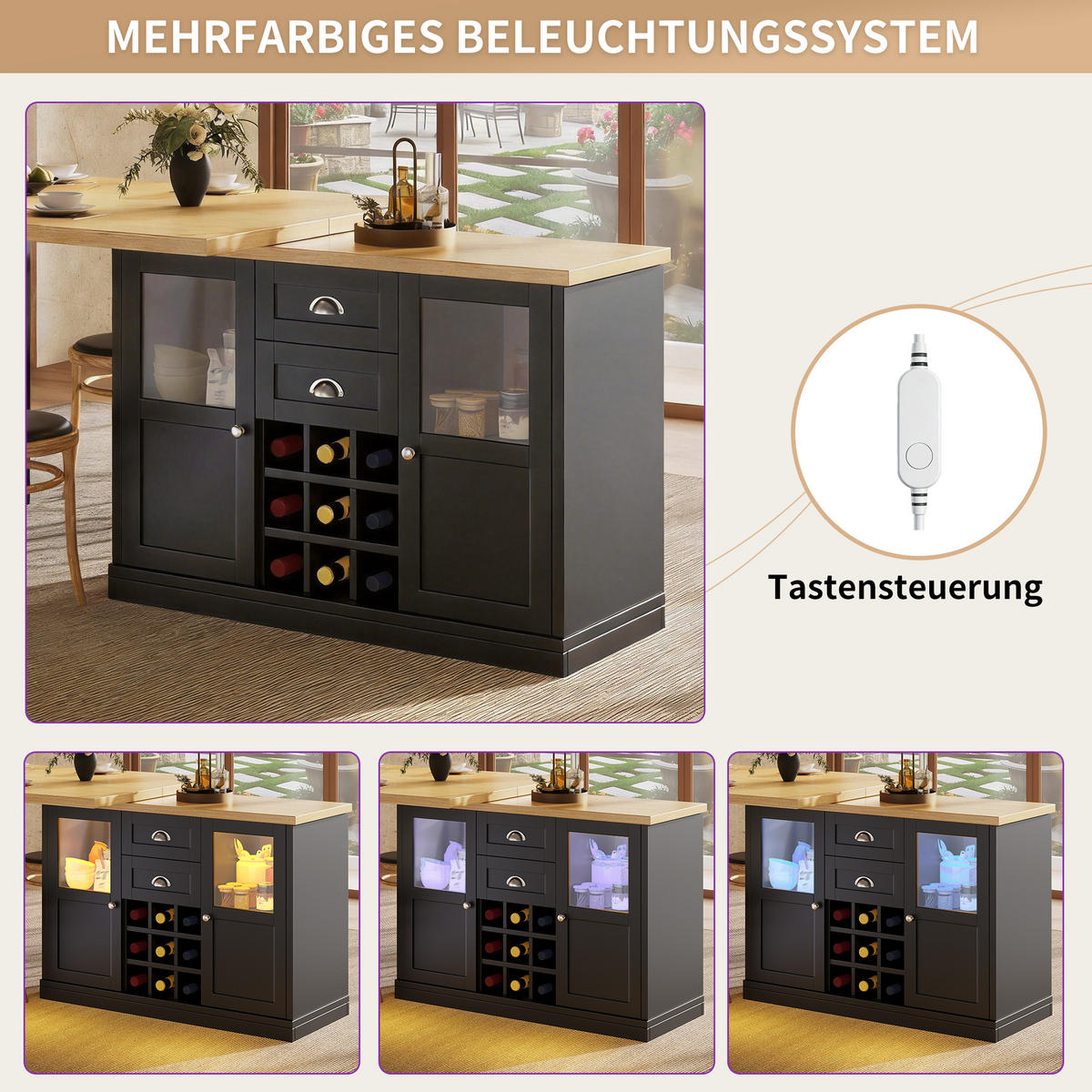 ESSTISCH Ausziehbar 120–197cm 360° LED Stauraum Weinregal - Schwarz, Holzwerkstoff (40/120/72cm) - FLIEKS