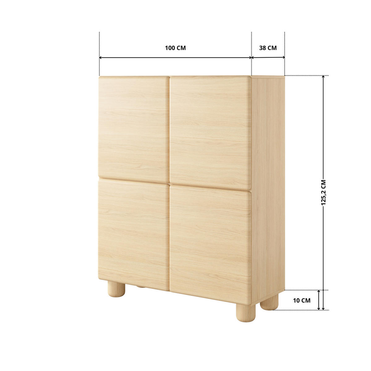 HIGHBOARD CERVI A 100 cm Eiche Vicenza - mit 4 Türen und abgerundeten Fronten - Eichefarben, Holz/Holzwerkstoff (100/125/38cm) - Ravio