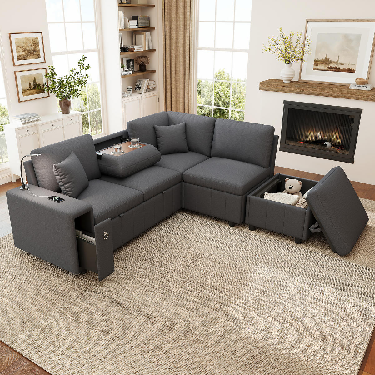 SCHLAFSOFA Grau L-Form USB Stauraum Tisch Leselicht Kissen - Grau, Textil (184/213cm) - FLIEKS