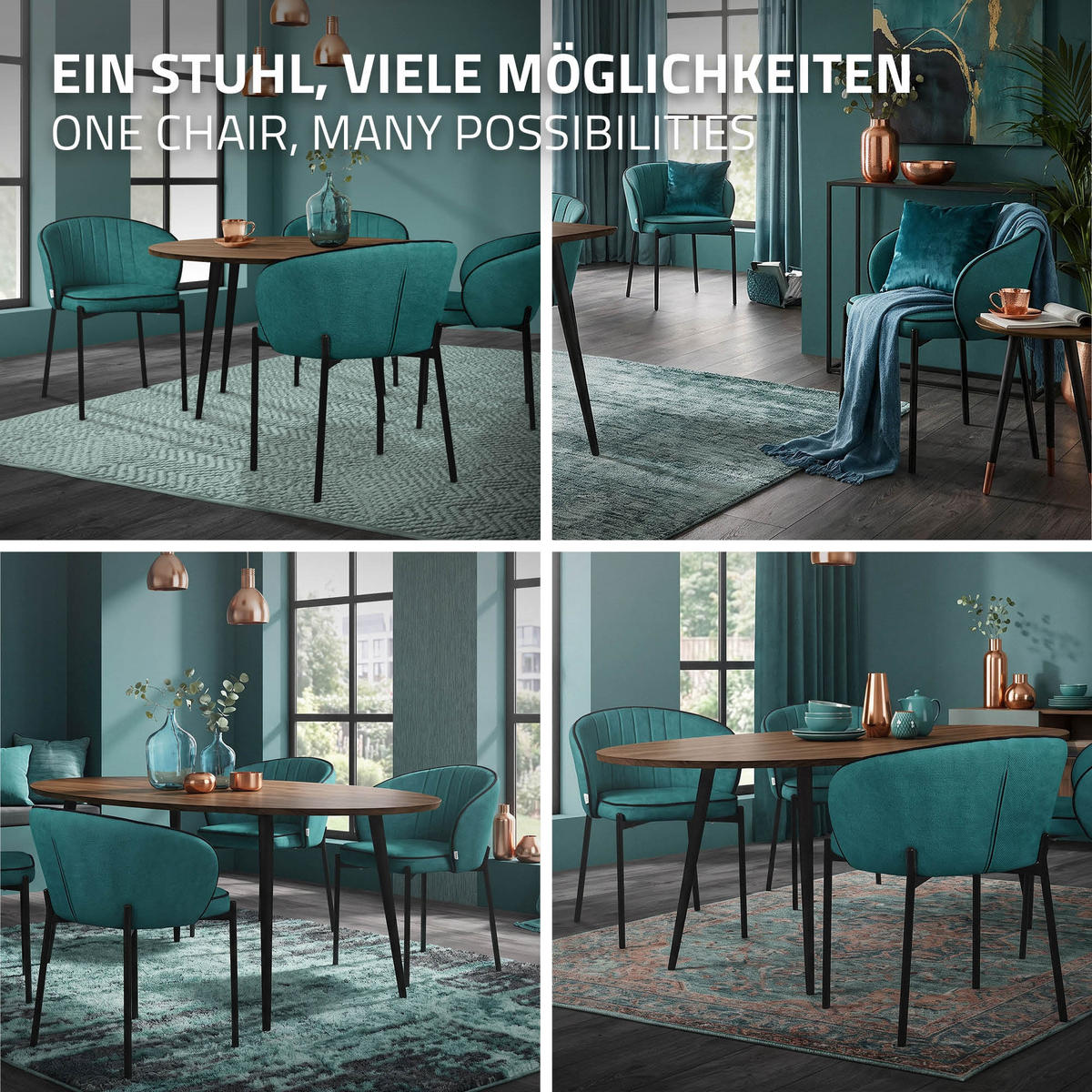 JÍDELNÍ ŽIDLE, sada 4 ks, petrolejová - černá/petrolejová, kov/textil (60/75/59cm) - ML-DESIGN