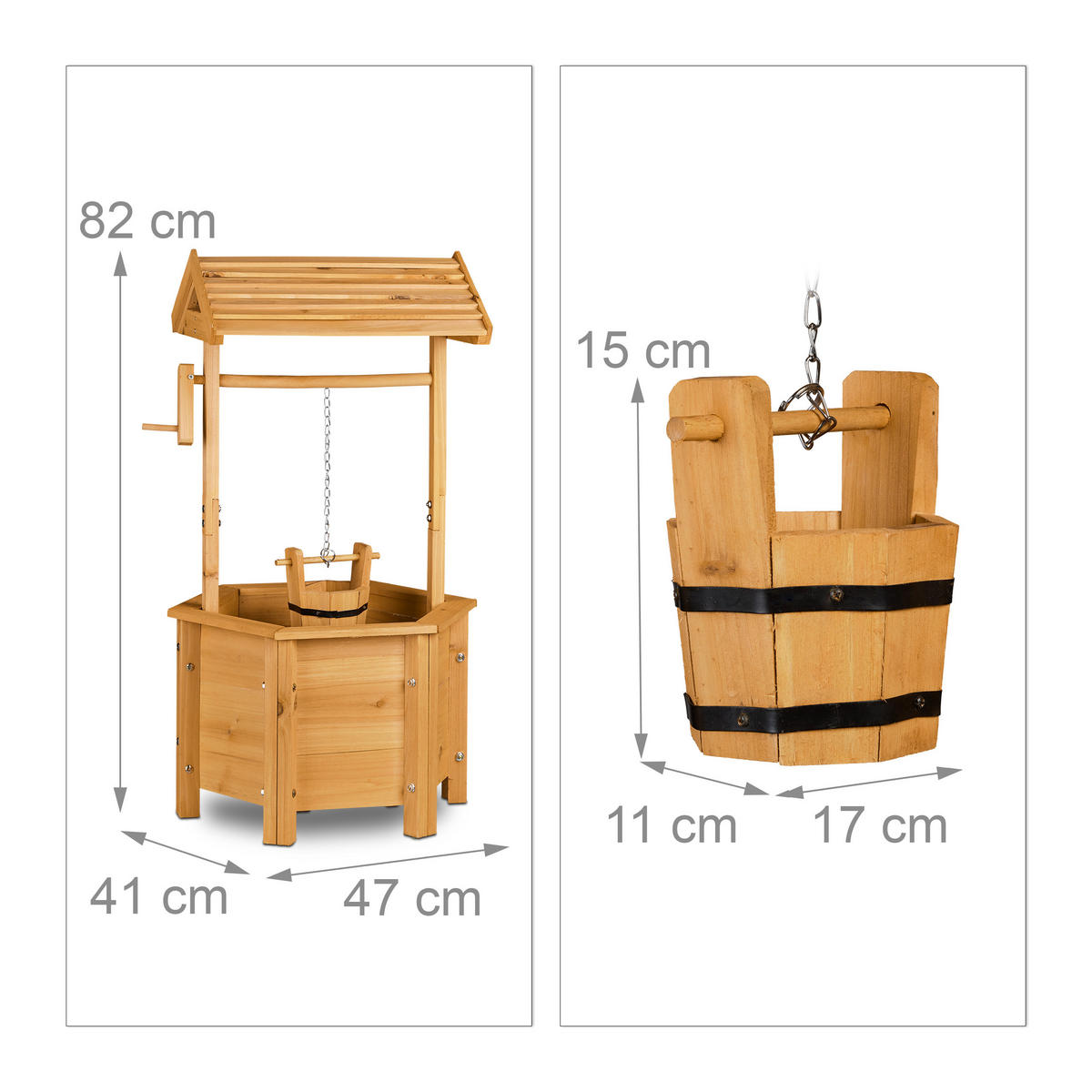 STUDŇA Prírodné drevo s kľukou a vedrom - svetlohnedá, kov/drevo (41/47/82cm) - Relaxdays