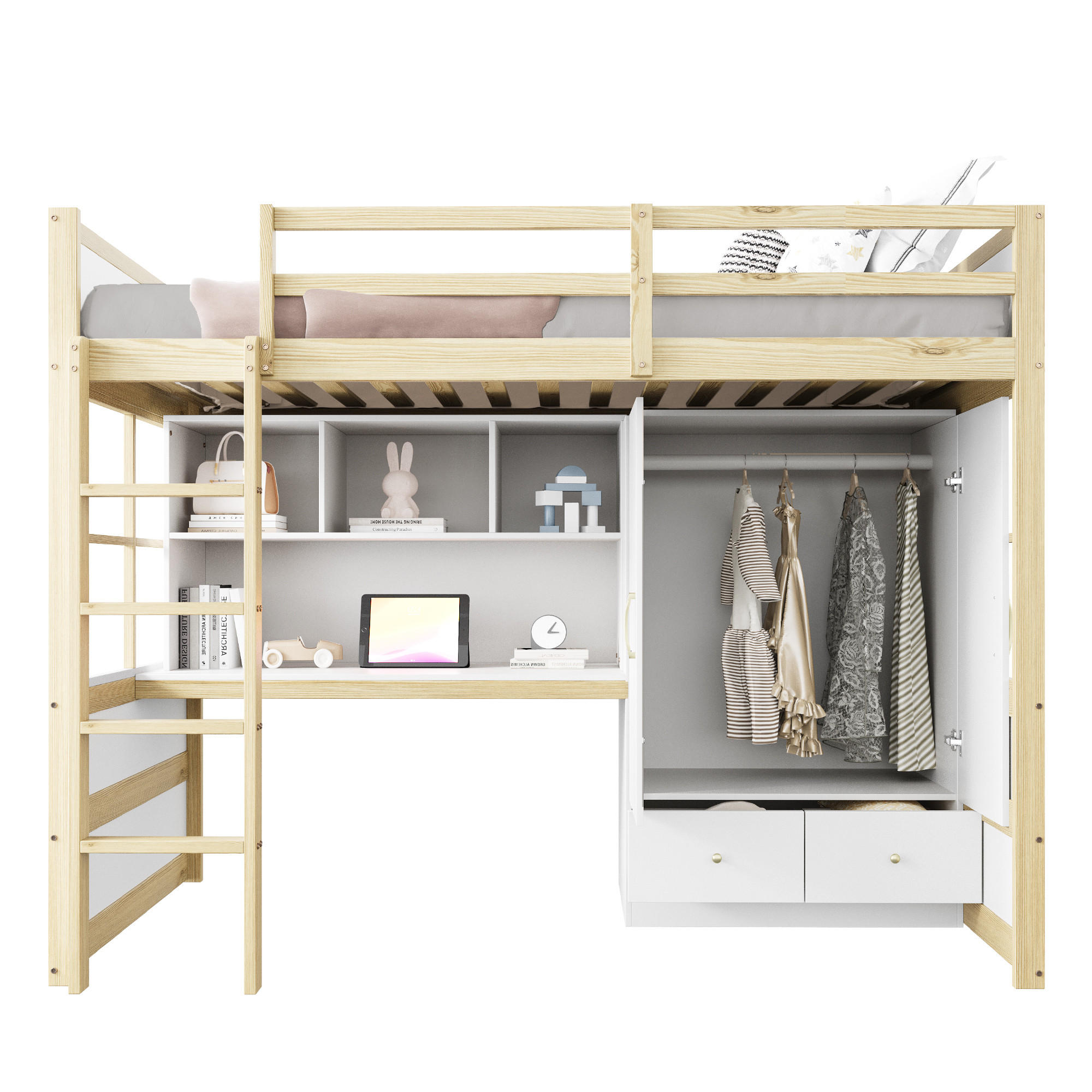 STILVORA HOCHBETT 90/200 cm in Natur mit Leiter, Schreibtisch, Kleiderschrank und Schubladen