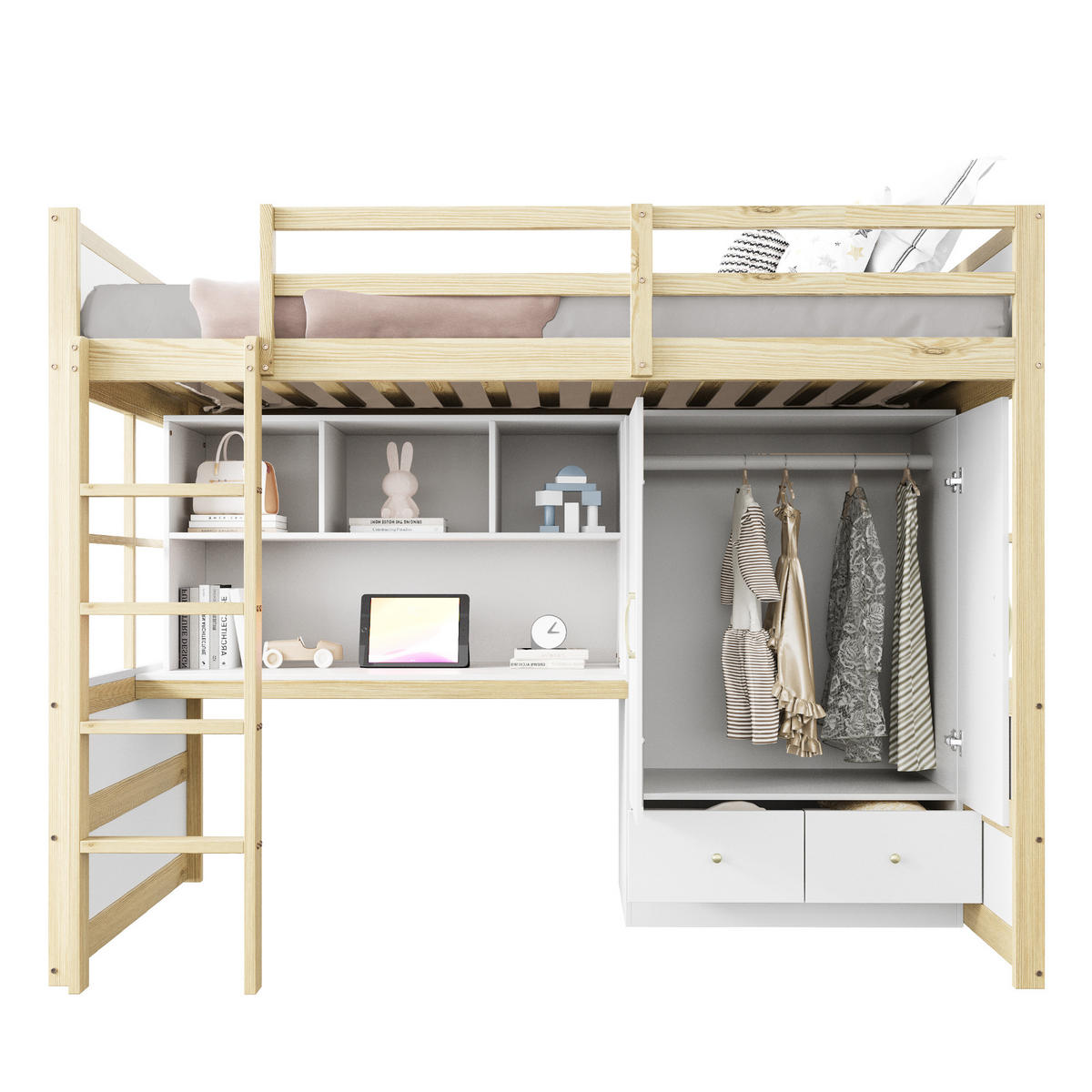 HOCHBETT 90/200 cm mit Leiter und Schreibtisch aus Holz in Natur - Naturfarben, Holz (90/200cm) - OKWISH