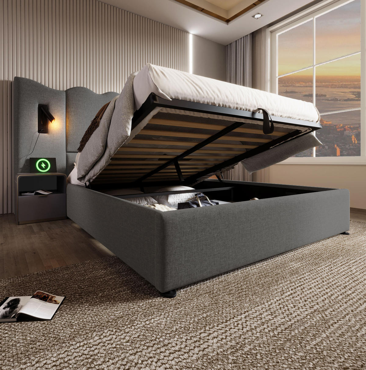 BETT mit Stauraum, Leselampe und Matratze 160x200 cm Leinen Grey - Grau, Metall (160/200cm) - Meubliv