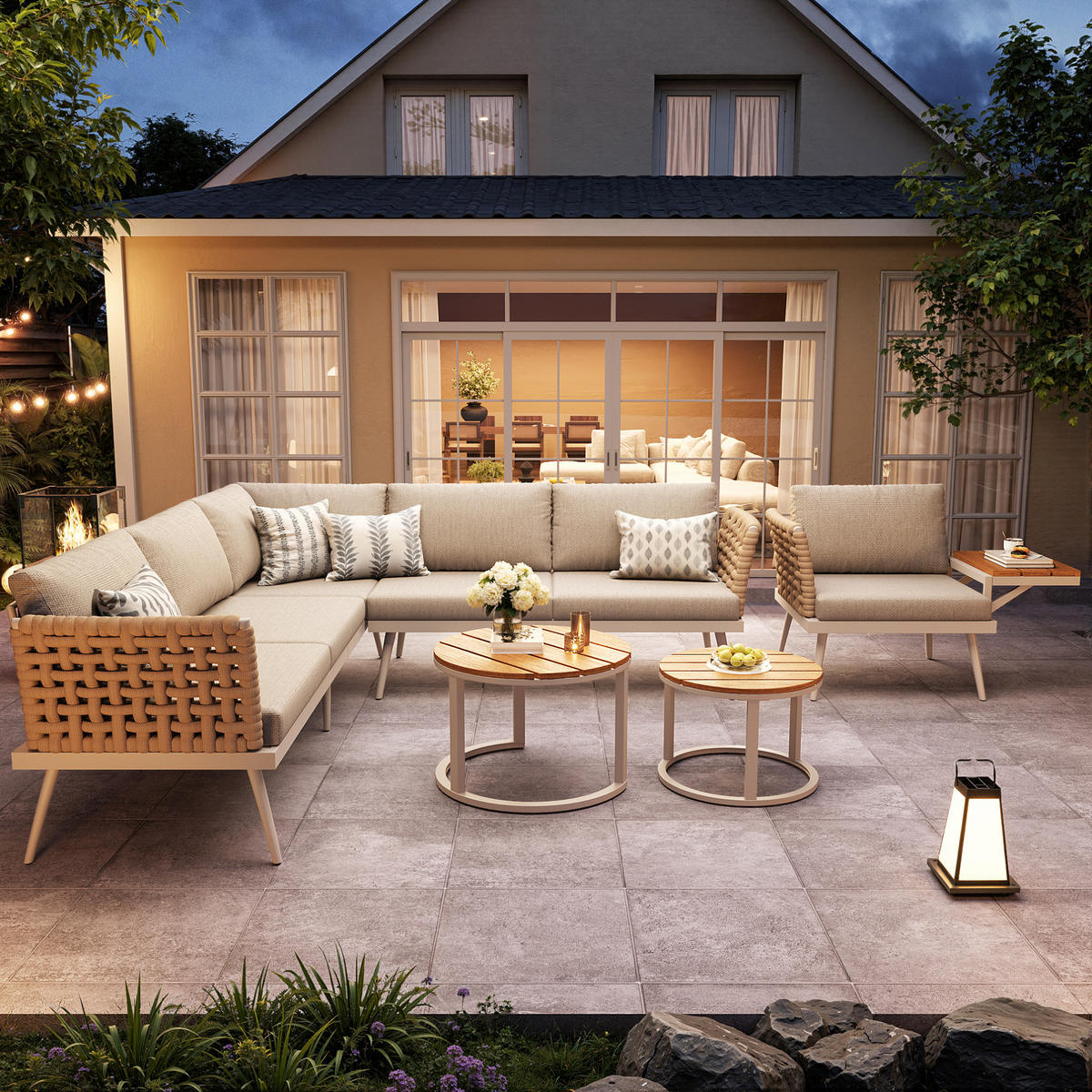 GARTENLOUNGE-SET 200/73/76,5 cm modular mit 2 Couchtischen, handgeflochtenen Armlehnen und Eisengestell, Beige - Beige, Metall - Redom