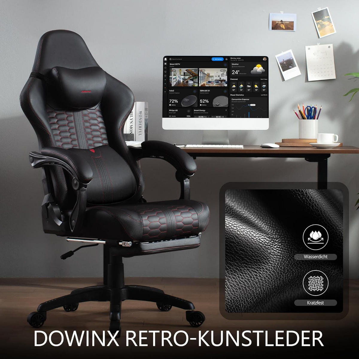 GAMING-STUHL & hoher Rückenlehne, Massagefunktion PU-Leder - Schwarz, Leder (61/117/61cm)
