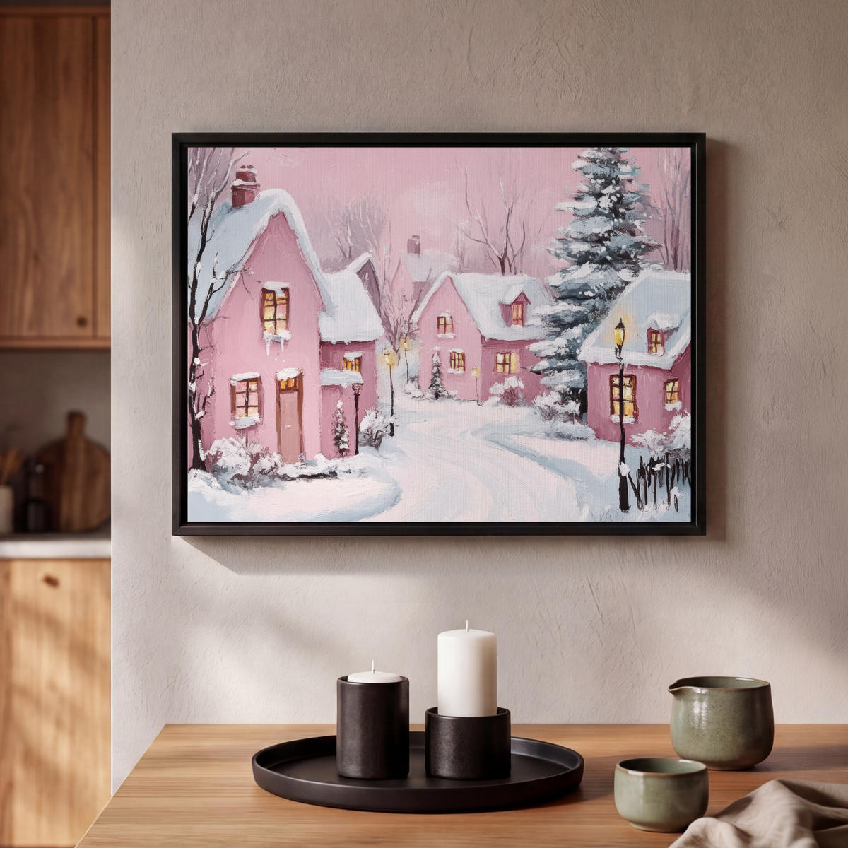 LEINWAND Bilder mit Rahmen - Weihnachtsdorf - Rosa - Winter - Schnee - Häuser - 40x30 - Altrosa, Textil (40/30cm) - MuchoWow