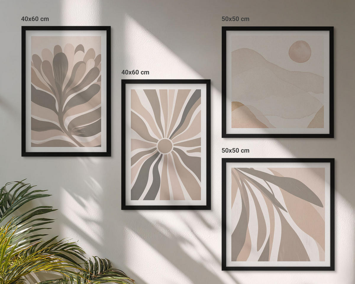 BILDER SET 4er Set - 50x50 cm & 40x60 cm Schwarzer Rahmen - Abstrakte Pflanzenmuster - Schwarz, Kunststoff (50/50cm) - TULUP