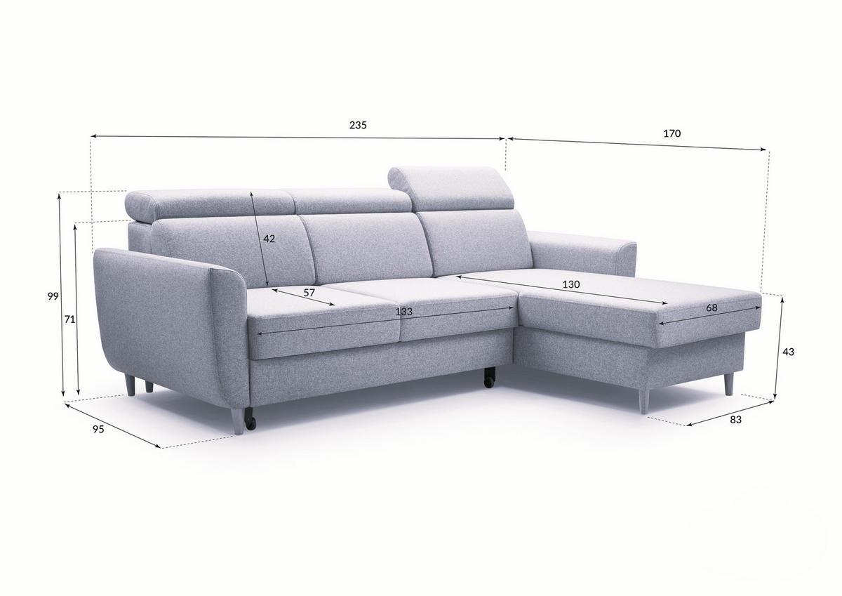 ECKSOFA SAPORE Grau Geflochtener Stoff mit Schlaffunktion - Grau, Holz (235/170cm) - MASSENO