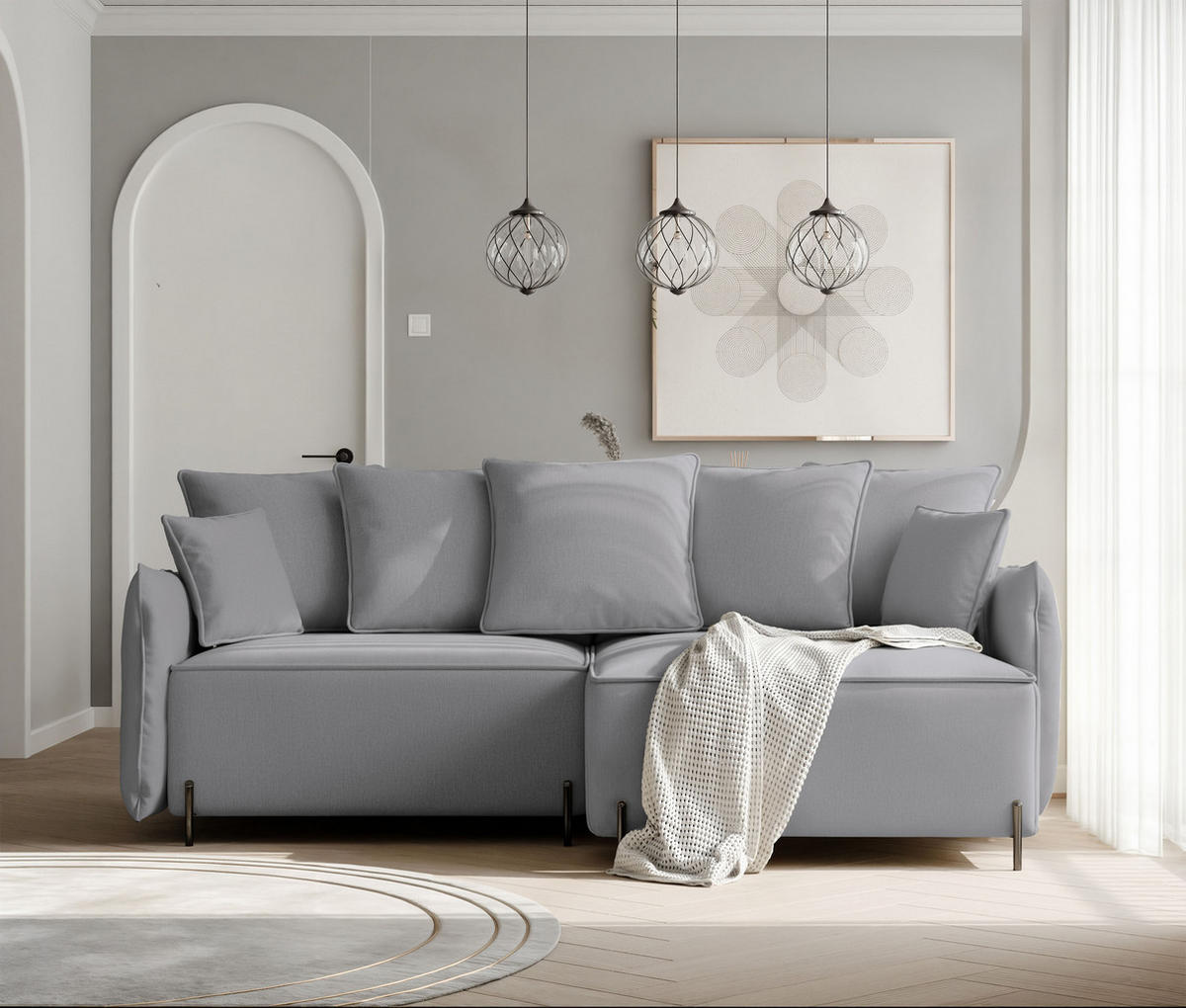 ECKSOFA MARCO Rechts, mit Schlaffunktion und Bettkasten, Grau - Grau, Textil/Metall (221/148cm) - Idohome