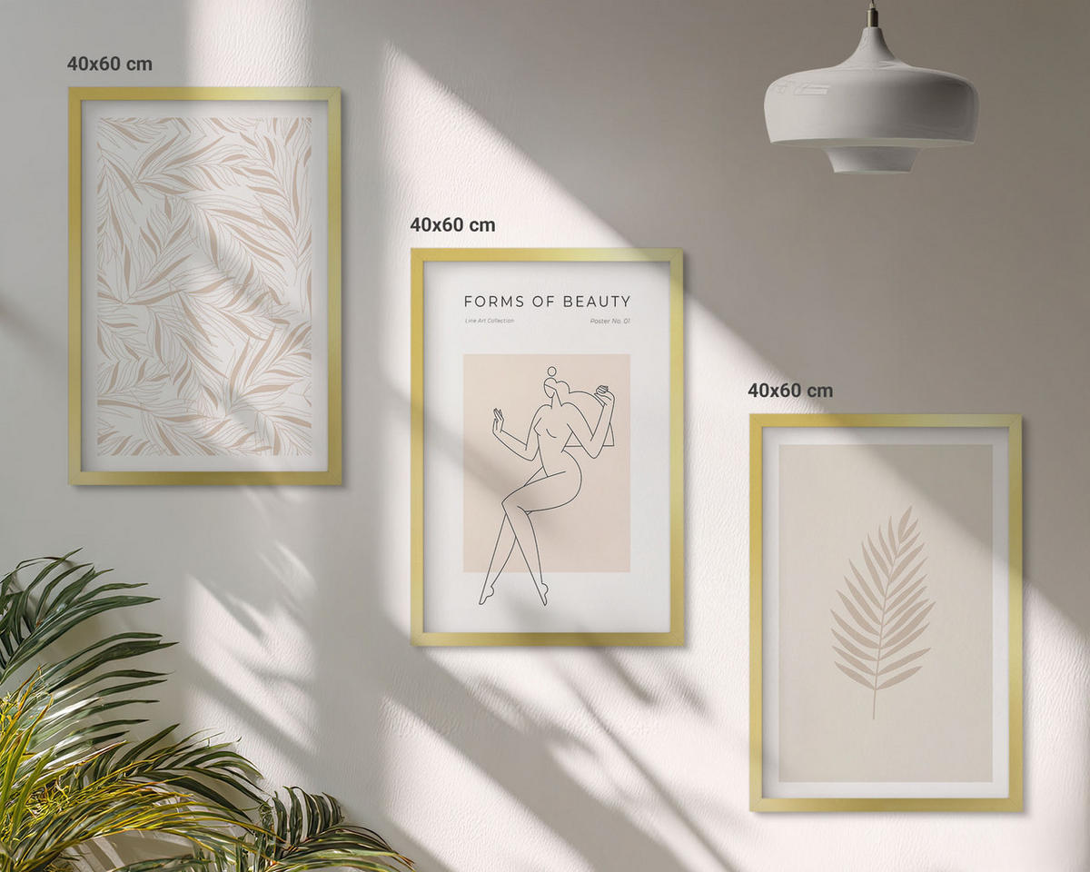 BILDER SET 3er Set - 40x60 cm Goldrahmen - Minimalistische botanische Motive - Goldfarben, Kunststoff (40/60cm) - TULUP