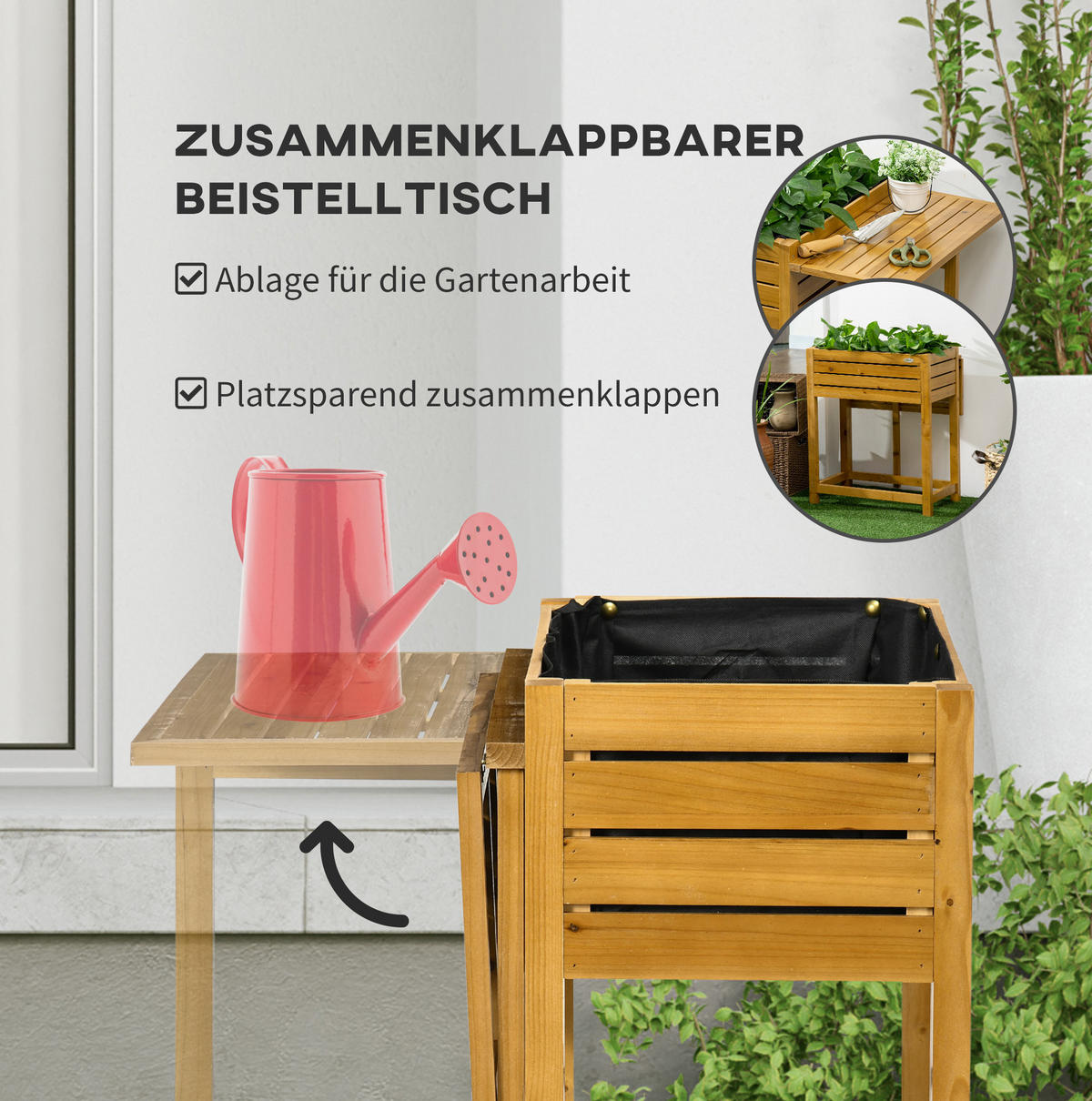 TRUHLÍK na kvety z dreva, 64/63/74,5 cm hnedý, skladací s pracovnou plochou - hnedá, drevo (63/74.5/64cm) - BEAOK