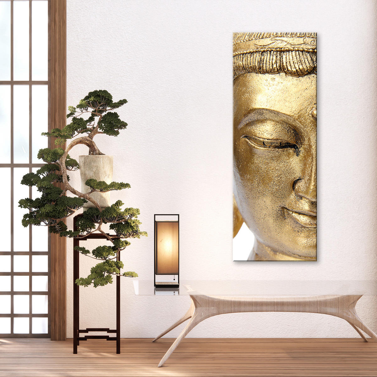 WANDBILD goldenes gesicht des buddha - Goldfarben, Textil (30/90cm) - Feeby