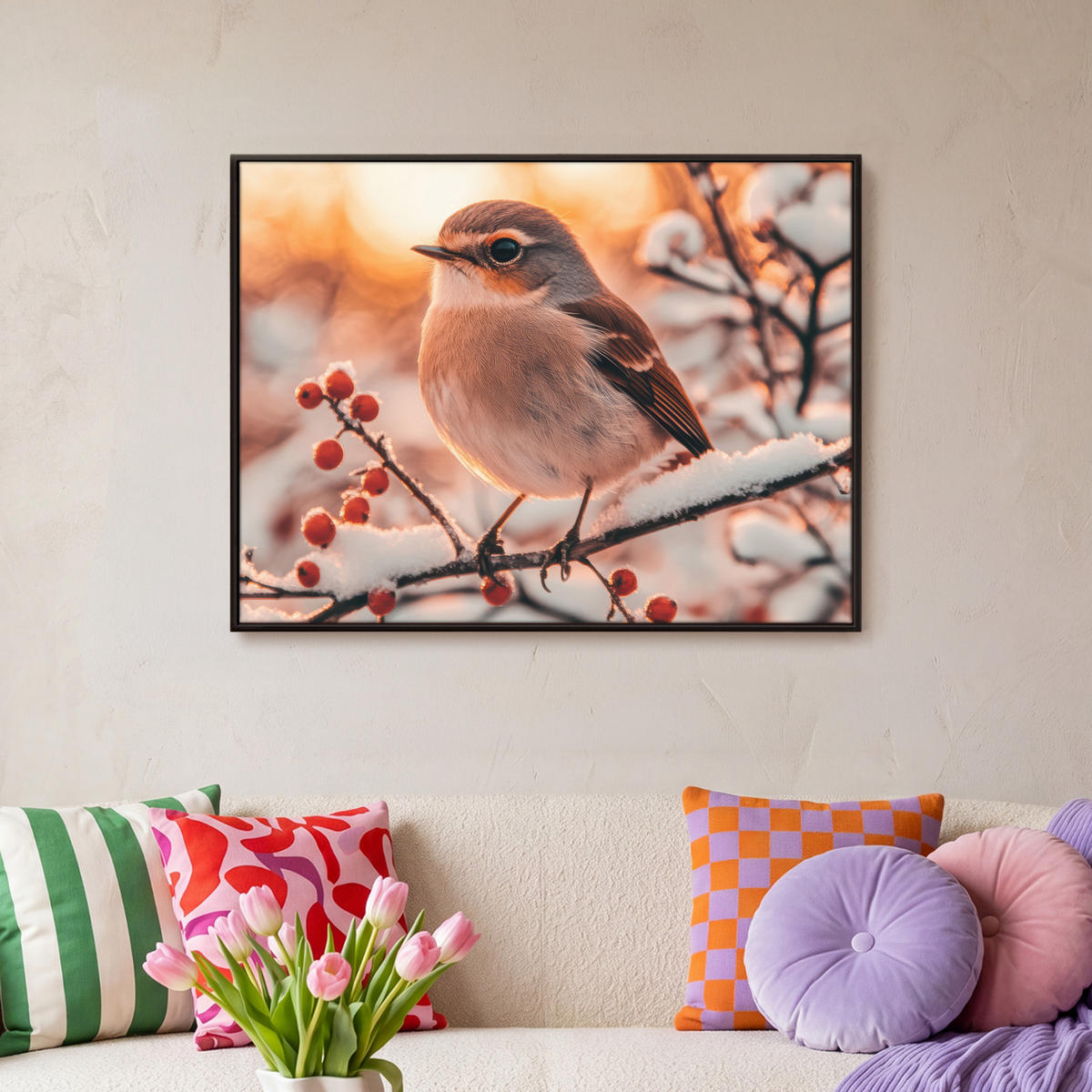 LEINWAND Bilder mit Rahmen - Vogel - Zweig - Winter - Tiere - Schnee - 80x60 - Bernsteinfarben, Textil (80/60cm) - MuchoWow
