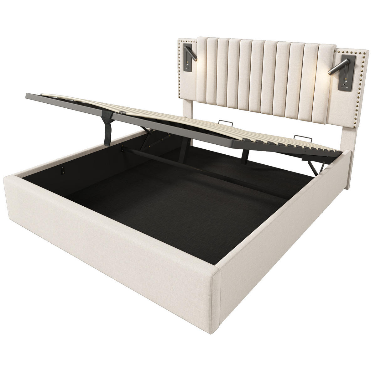 POLSTERBETT 140/200 cm mit Matratze, USB-Typ-C, Leselicht, Bettkasten und verstellbarem Kopfteil, Beige - Beige, Textil (140/200cm) - Redom