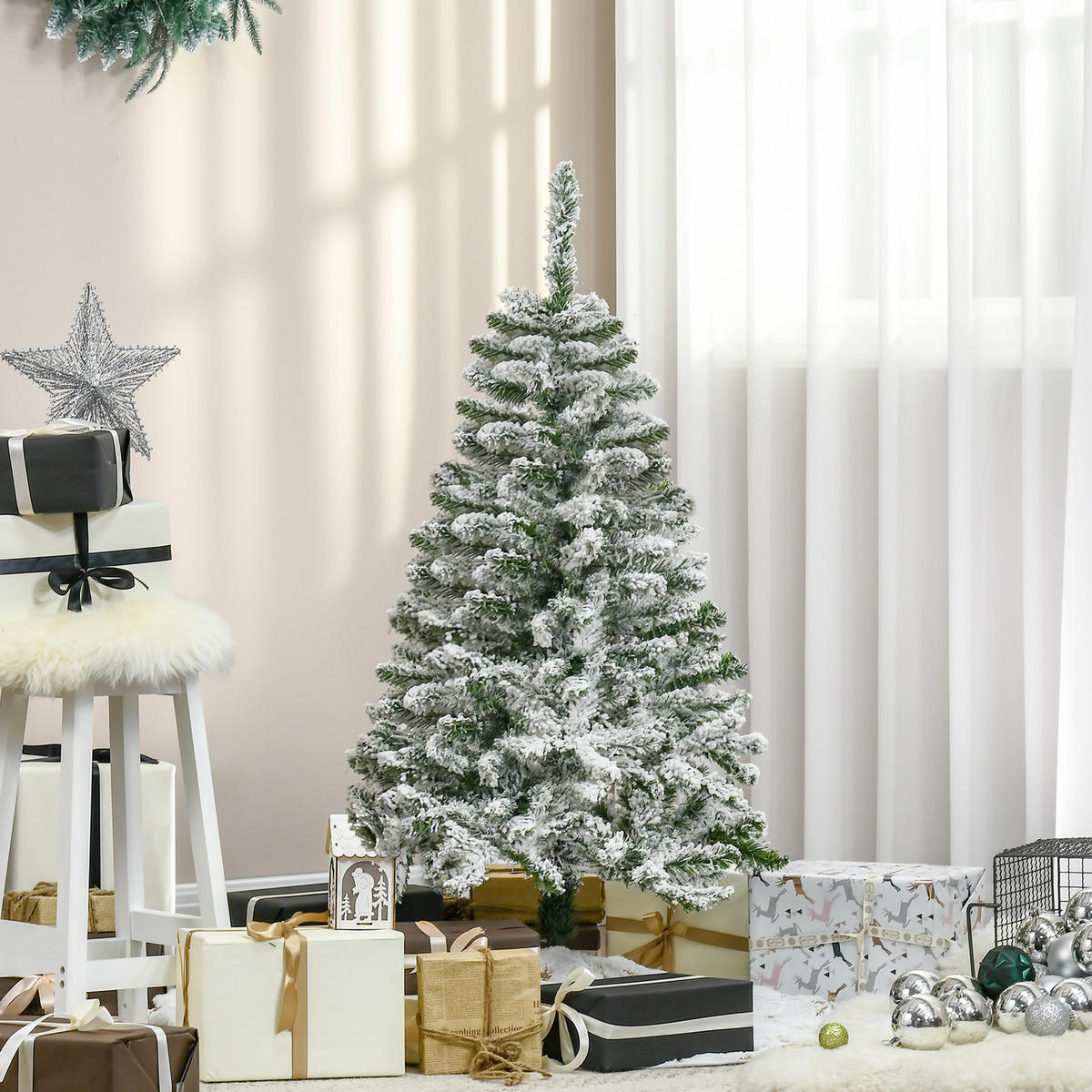 KÜNSTLICHER Weihnachtsbaum, 120 cm Kunstkiefer mit Kunstschnee, Indoor - Weiß/Grün, Kunststoff/Metall (120cm) - HOMCOM
