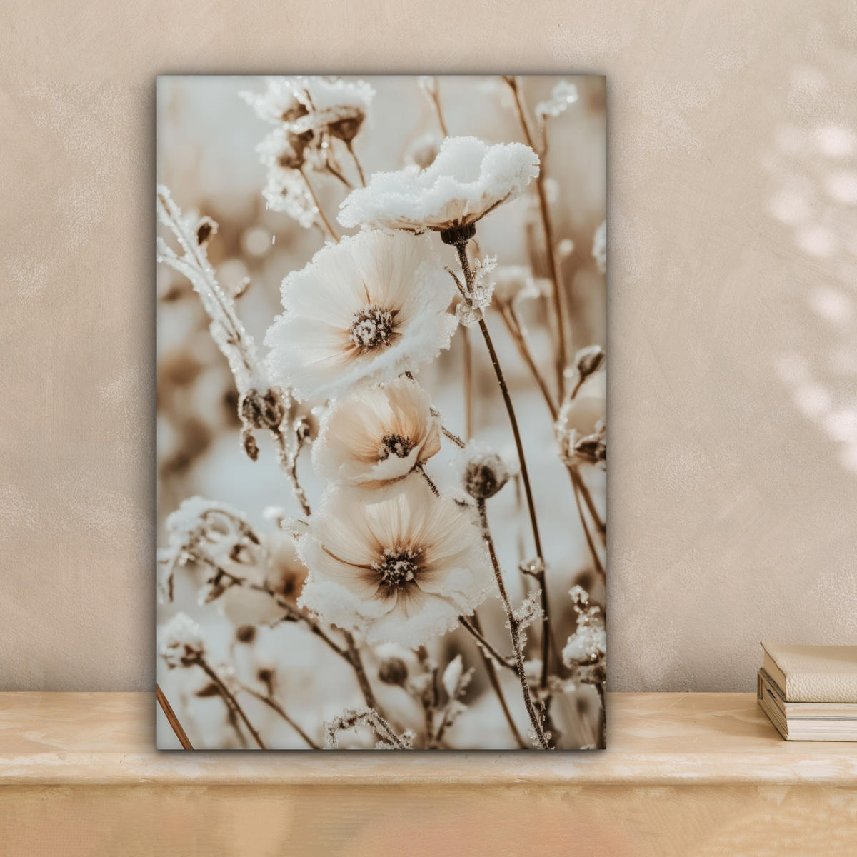 LEINWANDBILD Blumen - Winter - Weiß - Schnee - Beige Deko Wohnzimmer 20x30 cm - Creme, Textil (20/30cm) - MuchoWow