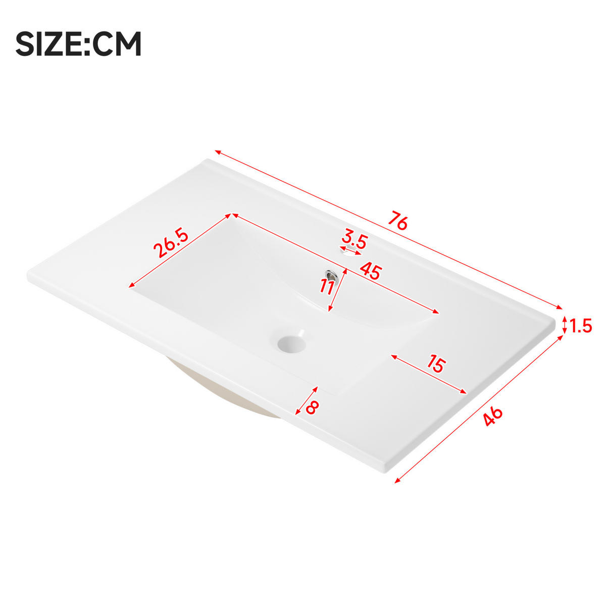 ZÁVĚSNÁ koupelnová skříňka z MDF 76x46x48,5 cm bílá s keramickým umyvadlem, LED senzorovým osvětlením a 2 zásuvkami - bílá, kompozitní dřevo (76/58.5/46cm) - Modfu