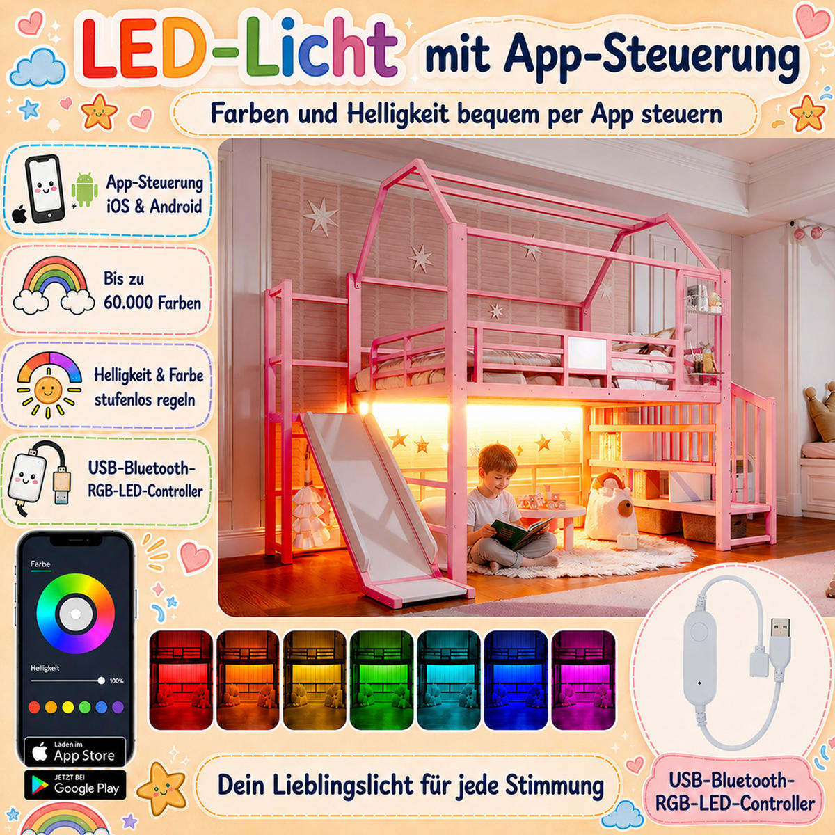 KINDERHOCHBETT 140x200 cm in Rosa mit Rutsche, Stauraumtreppe und Bluetooth-LED - Pink, Holzwerkstoff (140/200cm) - IVMEU
