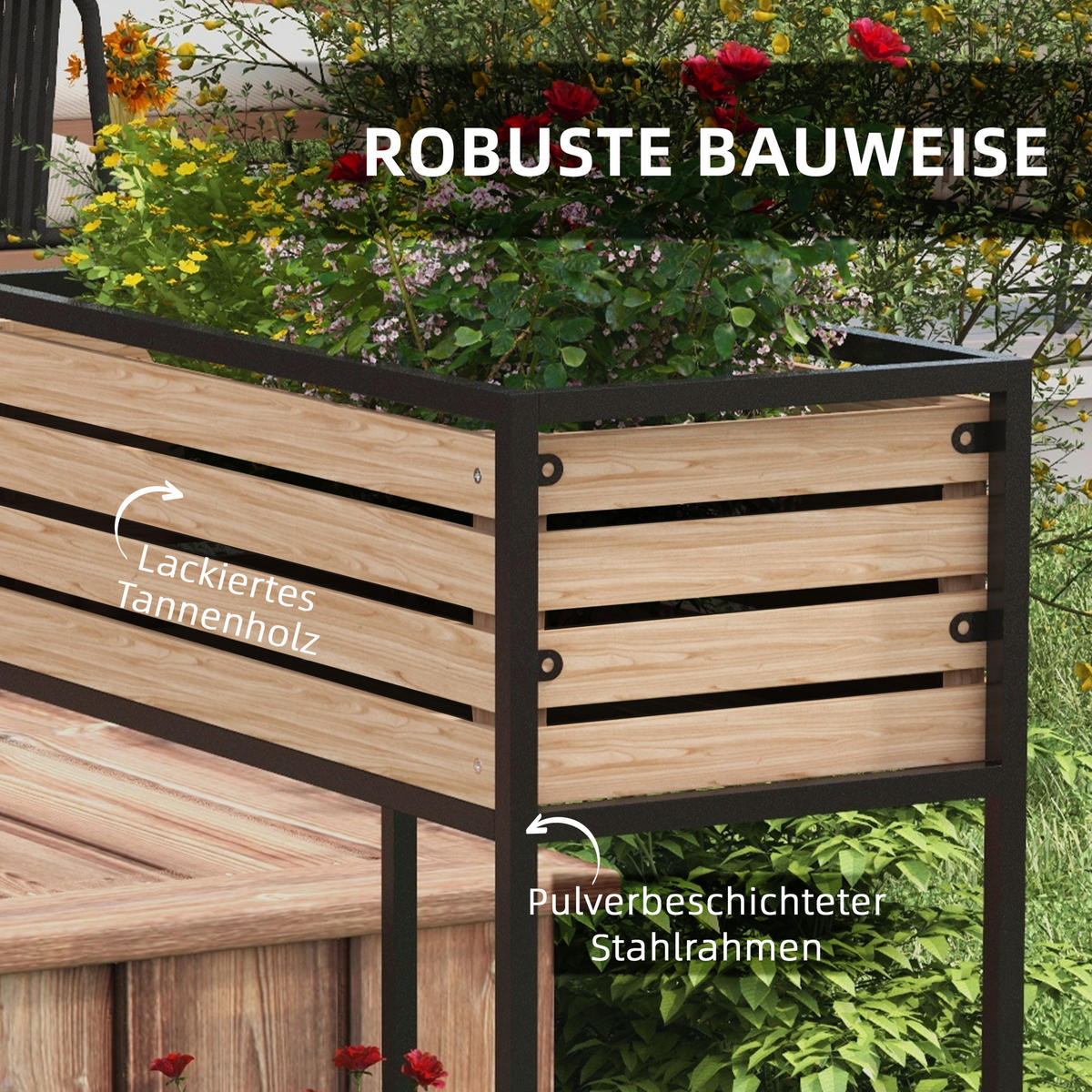 HOCHBEET aus Holz, 2-Stufiger Blumenkasten mit Ablage, für Garten, Balkon, Hellbraun - Braun, Holz/Metall (39/100/83cm) - Outsunny