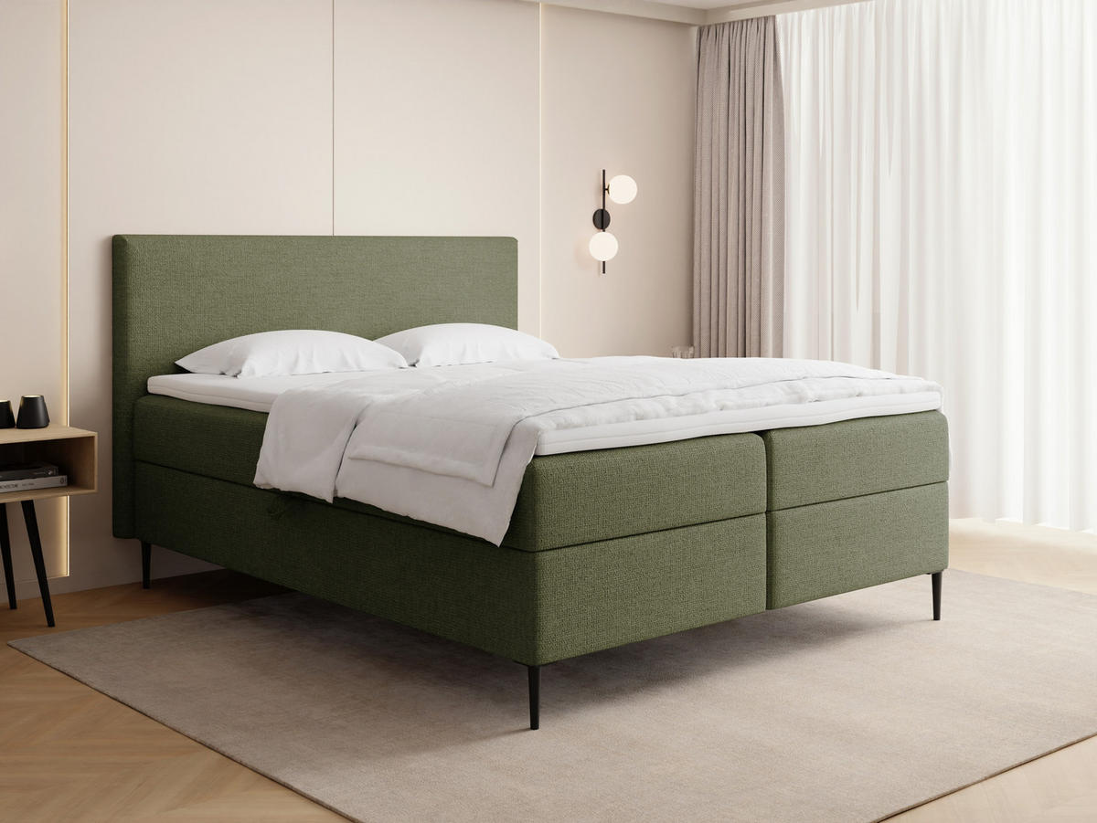 BOXBETT Alba Rise mit Bettkasten, Grün Chenille 140x200 cm – inkl. H4 Taschenfederkern Matratze & Foam Topper - Schwarz/Grün, Holz/Textil (140/200cm) - WFL GROUP