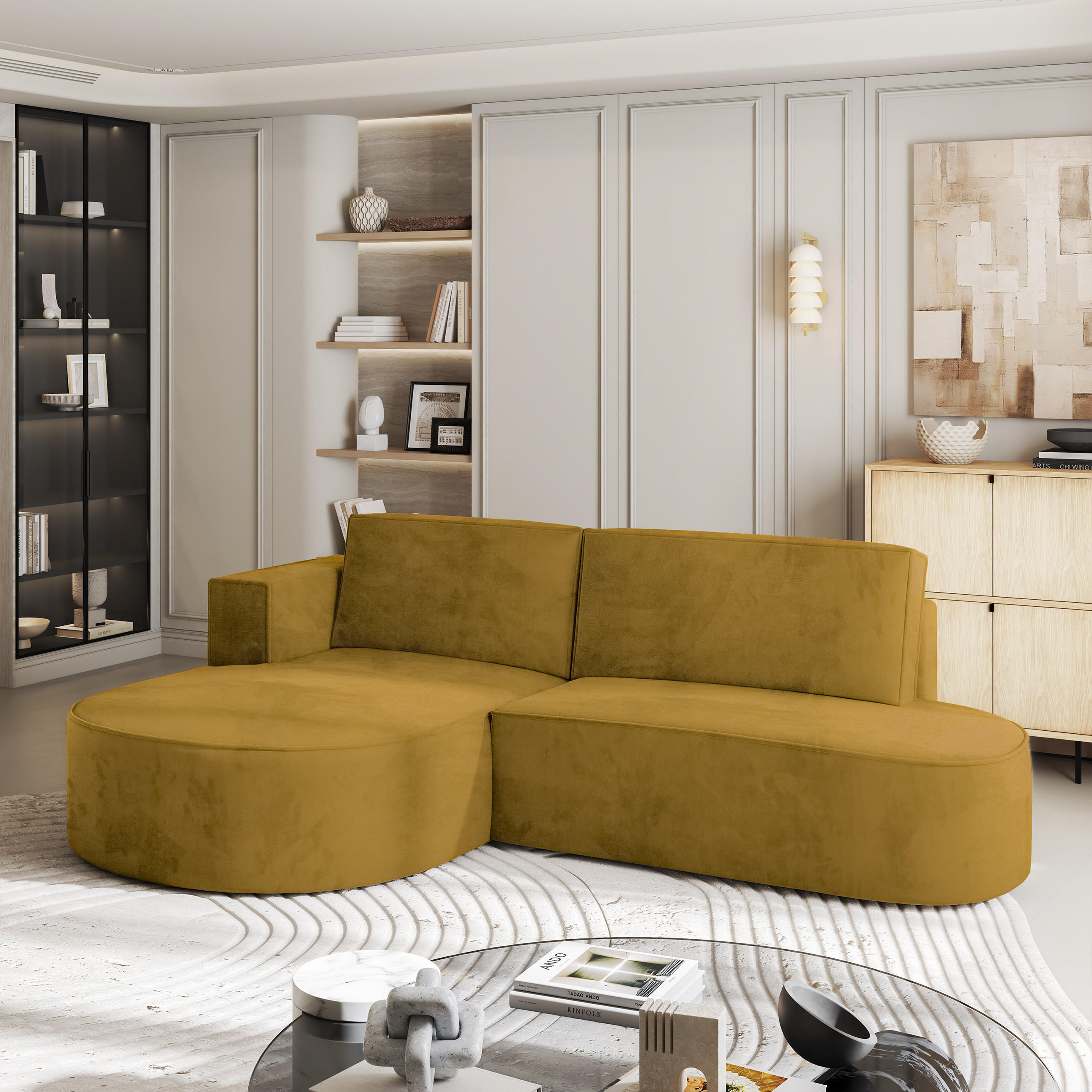 ECKSOFA CORTIO M L-S Gelb Velours-Stoff mit Schlaffunktion - Gelb, Holz (265/174cm) - MASSENO