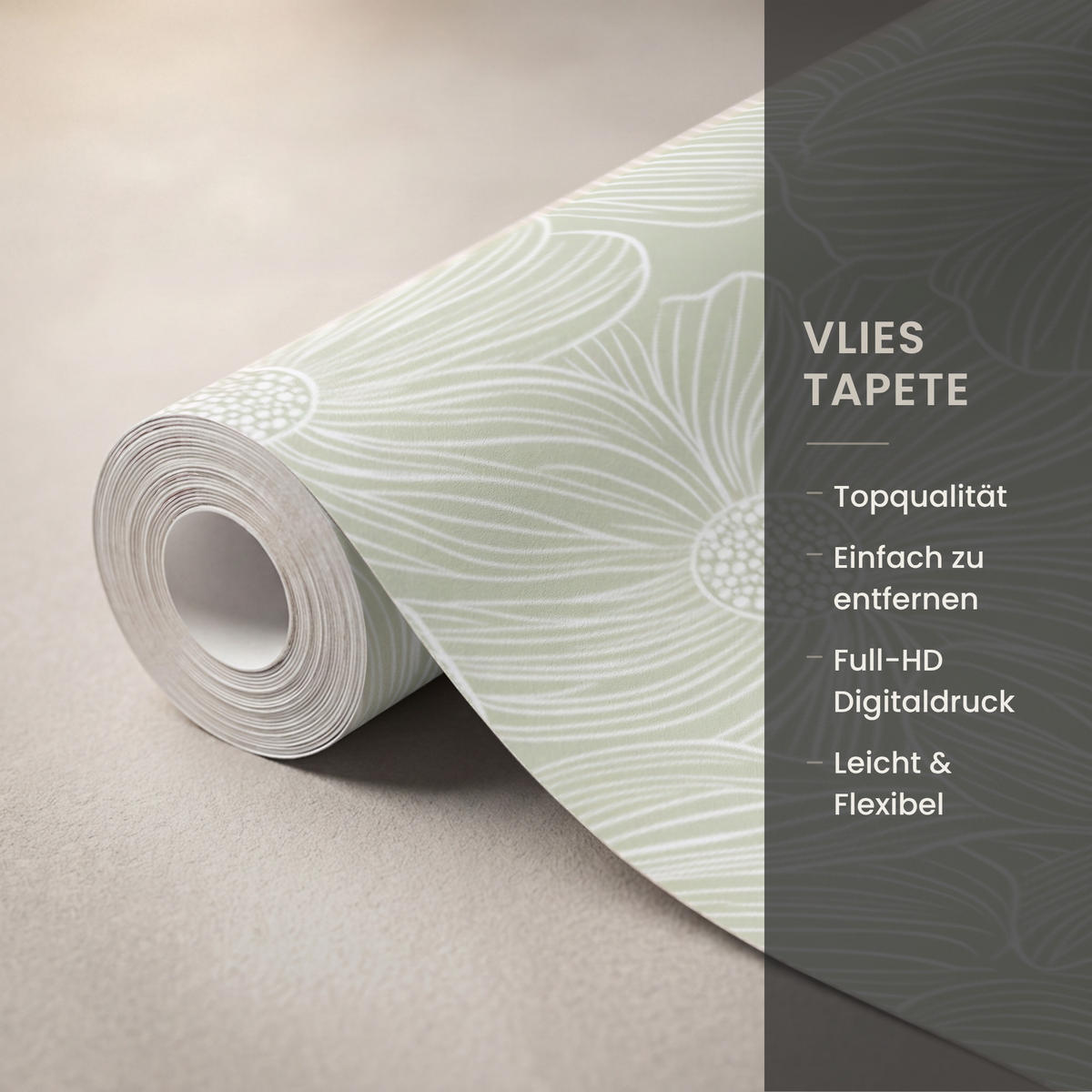 TAPETE - Gelassenheit - Blumen - Grün - 140x280 cm - Salbeigrün, Papier (140/280cm) - OnlyWow