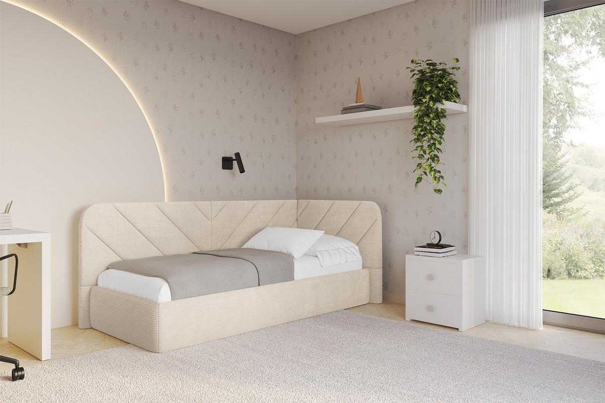 EINZELLBETT Jugendbett mit Bettkasten und Matratze H3/H4, Links - FIKY 90x200 Beige - Creme, Holzwerkstoff/Textil (90/200cm) - ALTDECOR