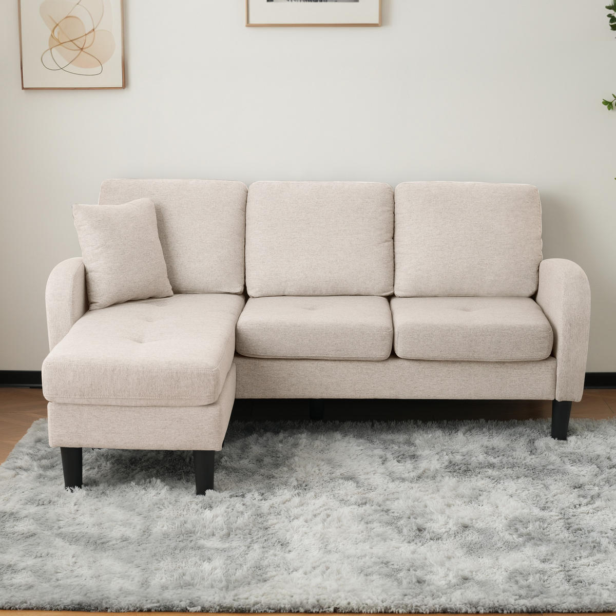 ECKSOFA 166x118x77cm Baumwoll-Leinen Chaiselongue 3-Sitzer - Beige, Holz (107.95/52.07cm) - FLIEKS