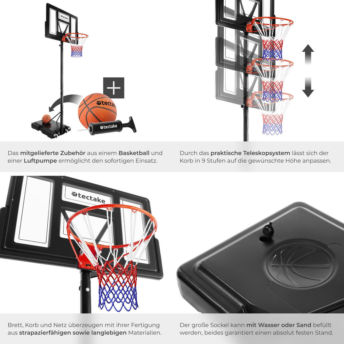 BASKETBALLKORB Dirk, mit Rollen, inklusive Ball, Pumpe und 2 Netze, schwarz - Schwarz, Textil (111/150cm) - tectake