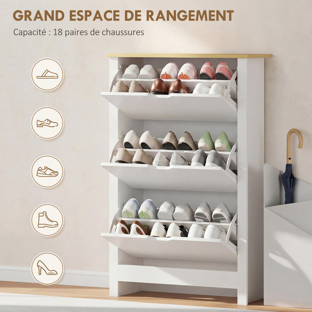 SCHUHSCHRANK DE-14991 3 Klapptüren mit Doppelfächern Weiß - Weiß, Holzwerkstoff (72/112/26cm) - ComfortXL