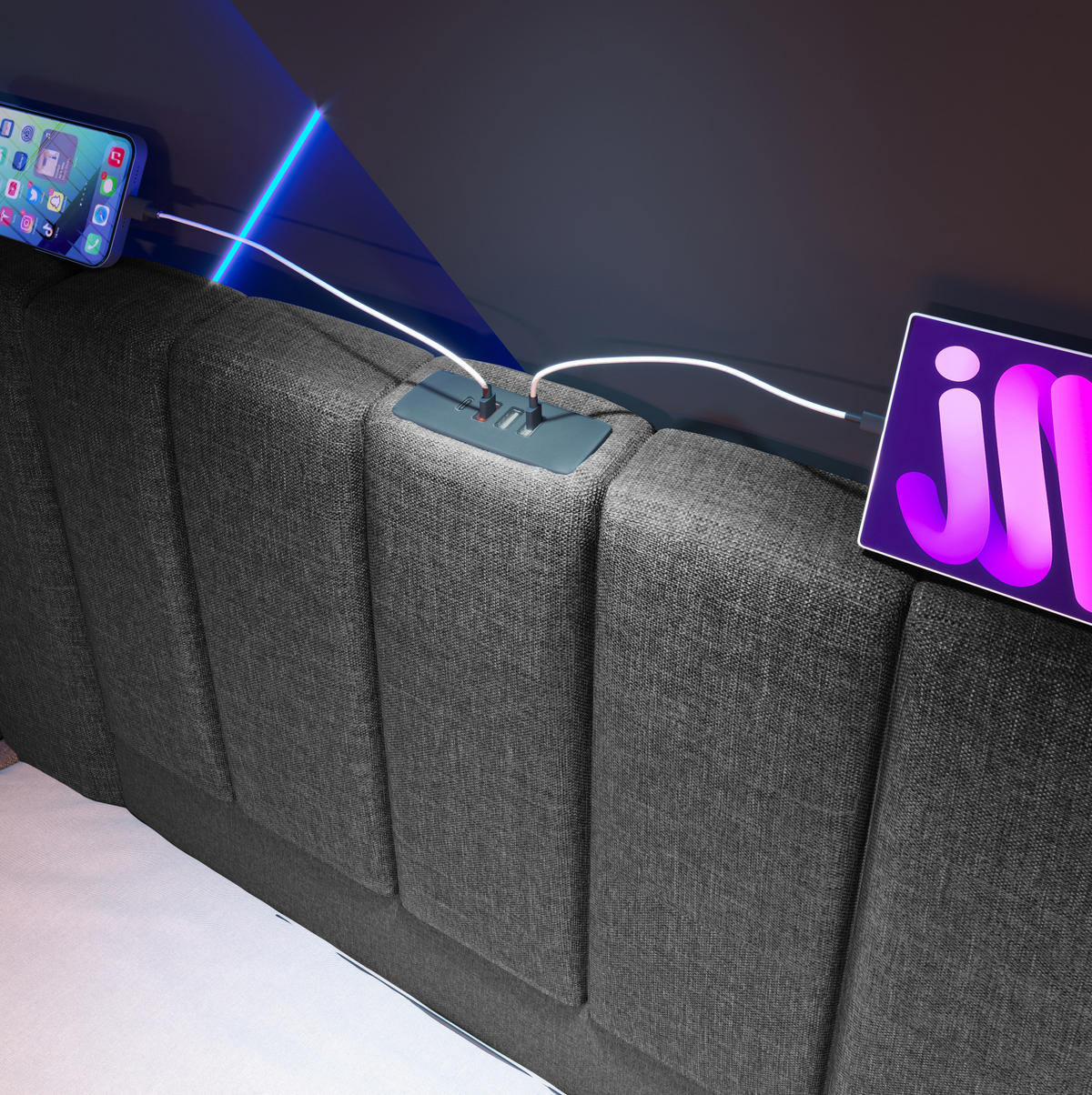 POLSTERBETT 160/200 cm Grau aus Leinen mit LED, Stauraum und Ladefunktion - Grau, Textil (160/200cm) - OKMYHOME