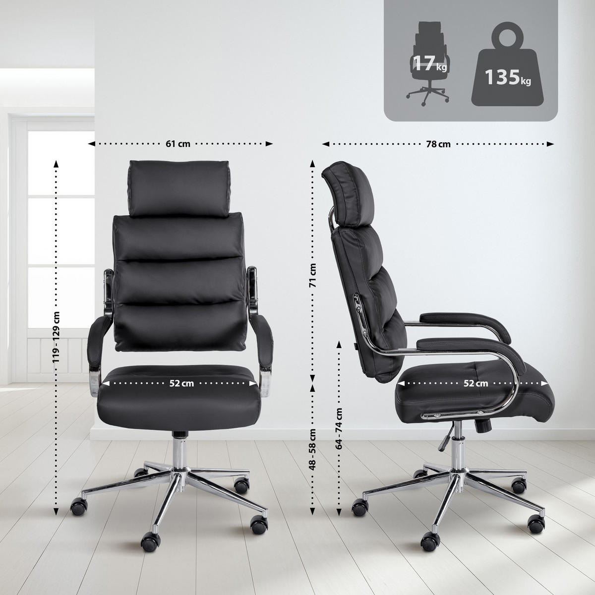 BÜROSTUHL Noxar schwarz - Chromfarben/Schwarz, Kunststoff/Metall (61/129/78cm) - TPFLiving
