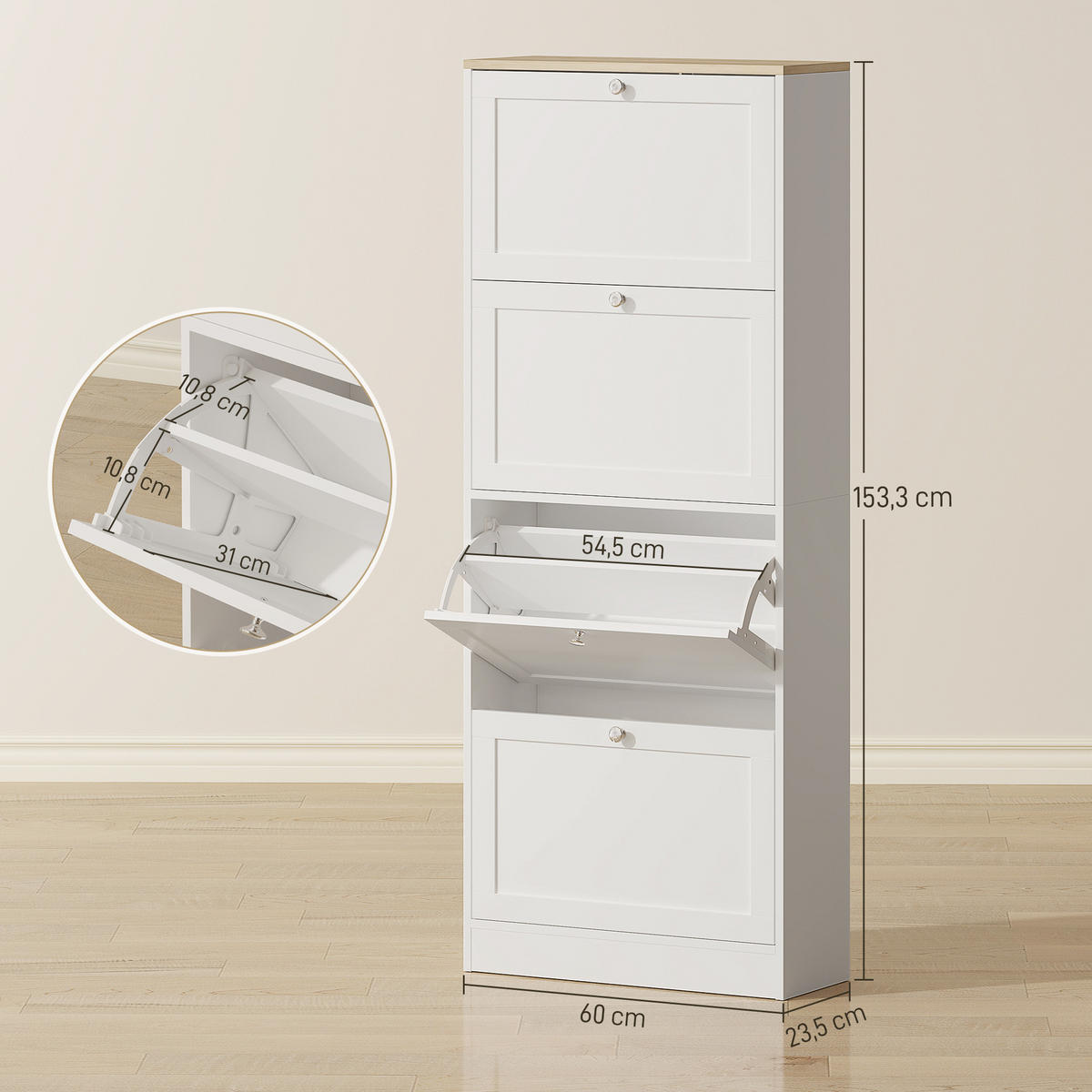 SCHUHSCHRANK Weiß 60/23,5/153 cm - Silberfarben/Weiß, Holzwerkstoff (60/153/23.5cm) - PANGIVO