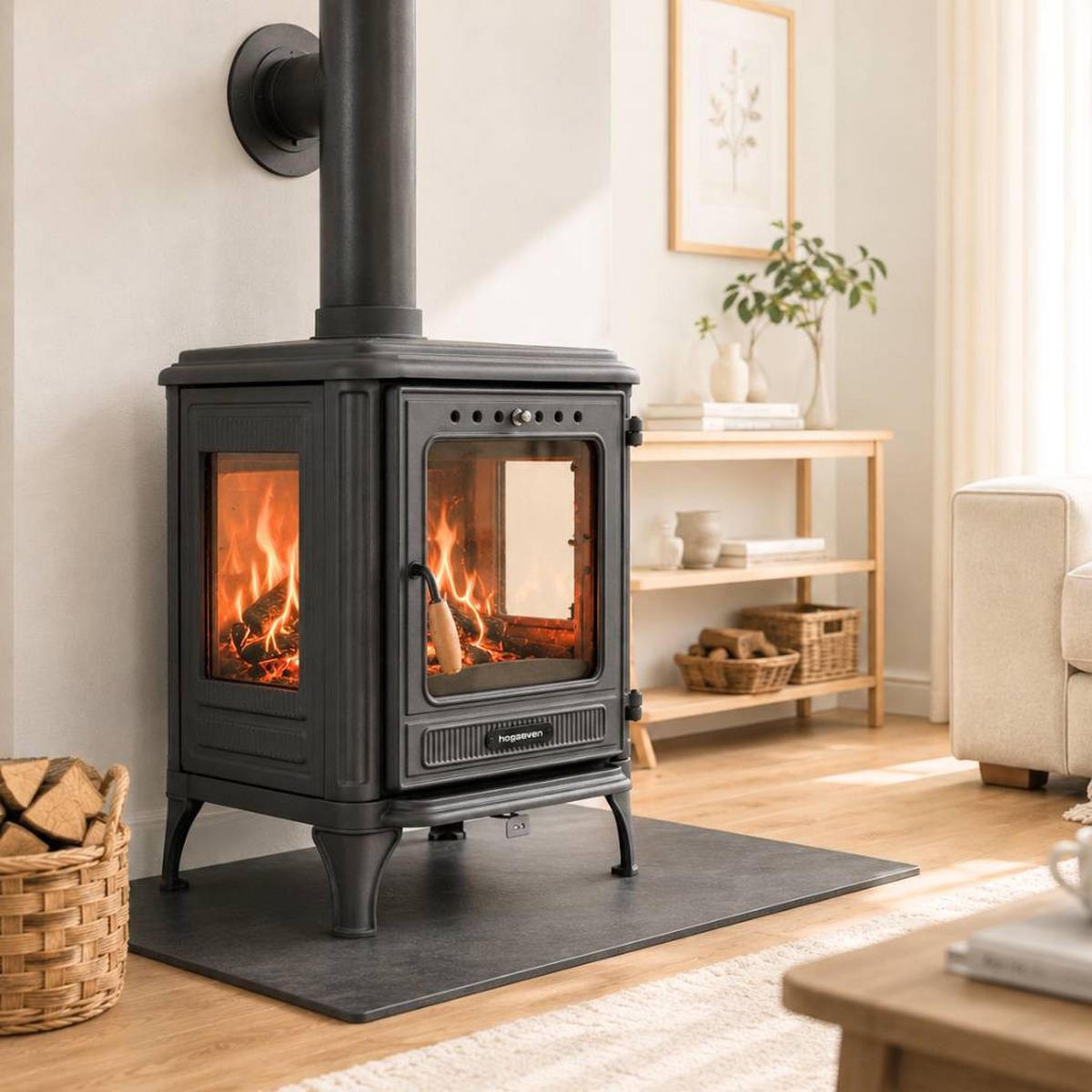 HOSSEVEN Kaminofen Holzofen Wohnzimmer Holzkamin 8005CK Panorama 3 Seiten Glas 7 kW Holz Ofen Kamin Heizofen Schwedenofen Mehrfachbelegung - Schwarz, Metall (59.3/68.3/45.8cm)
