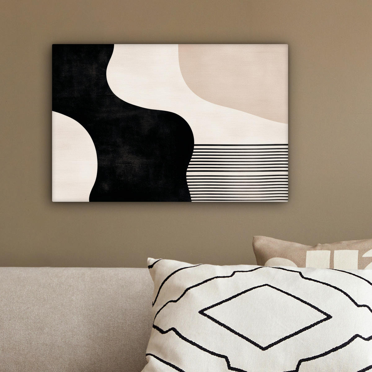 LEINWANDBILD Abstrakt - Japandi - Beige - Modern 30x20 cm - Schwarz, Textil (30/20cm) - MuchoWow