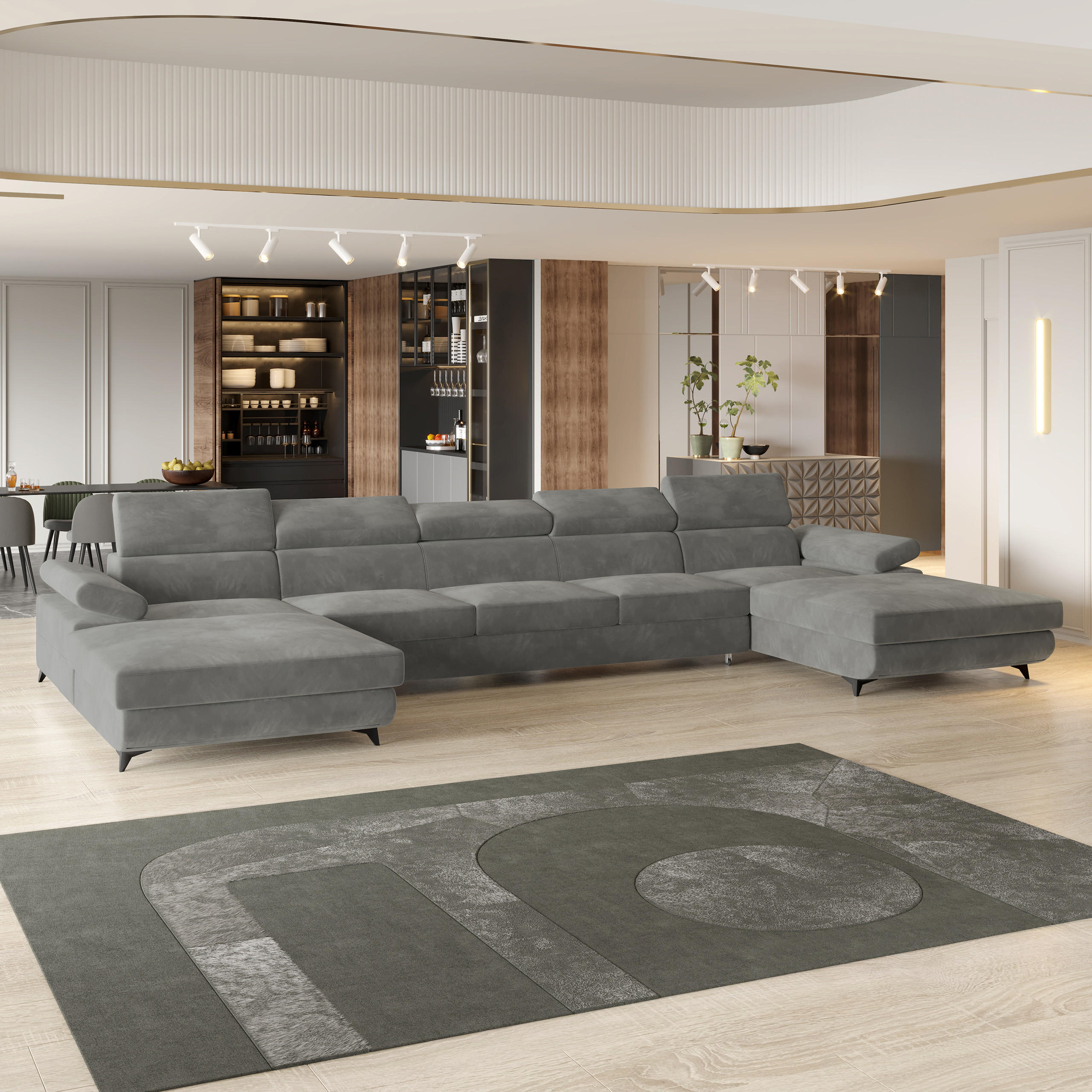 WOHNLANDSCHAFT VIVENTE Grau Velours-Stoff mit Schlaffunktion - Grau, Holz (410/89/190cm) - MASSENO