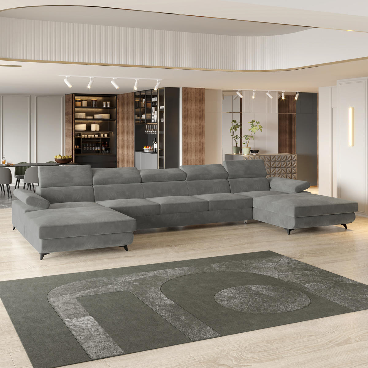 WOHNLANDSCHAFT VIVENTE Grau Velours-Stoff mit Schlaffunktion - Grau, Holz (410/89/190cm) - MASSENO