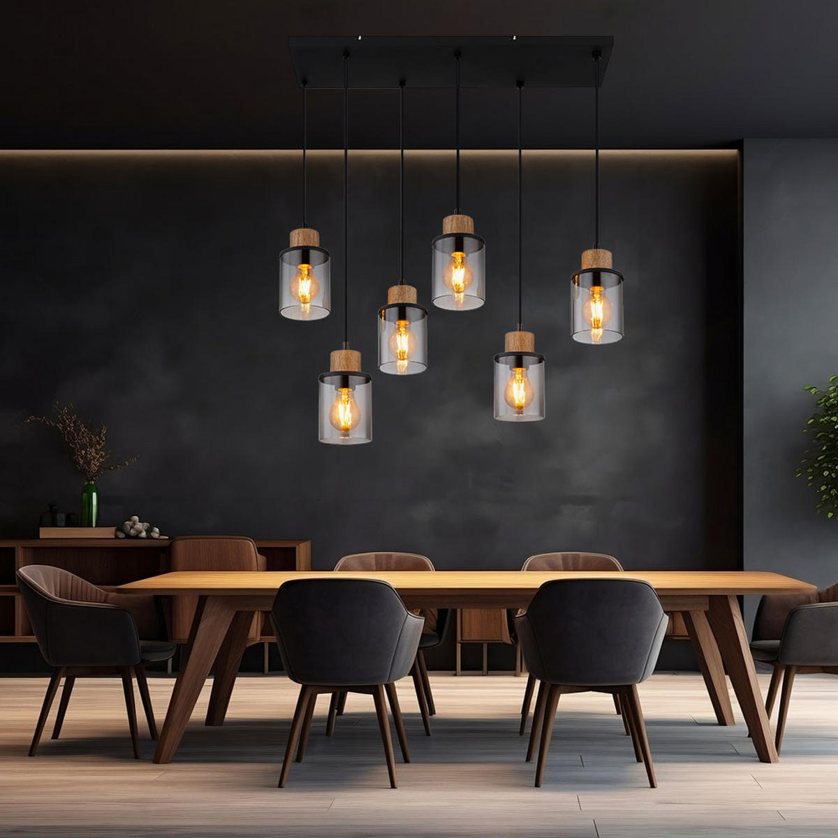 PENDELLEUCHTE Rauchglas Grau Höhenverstellbar - Grau, Holz (62/18/120cm) - Globo Lighting