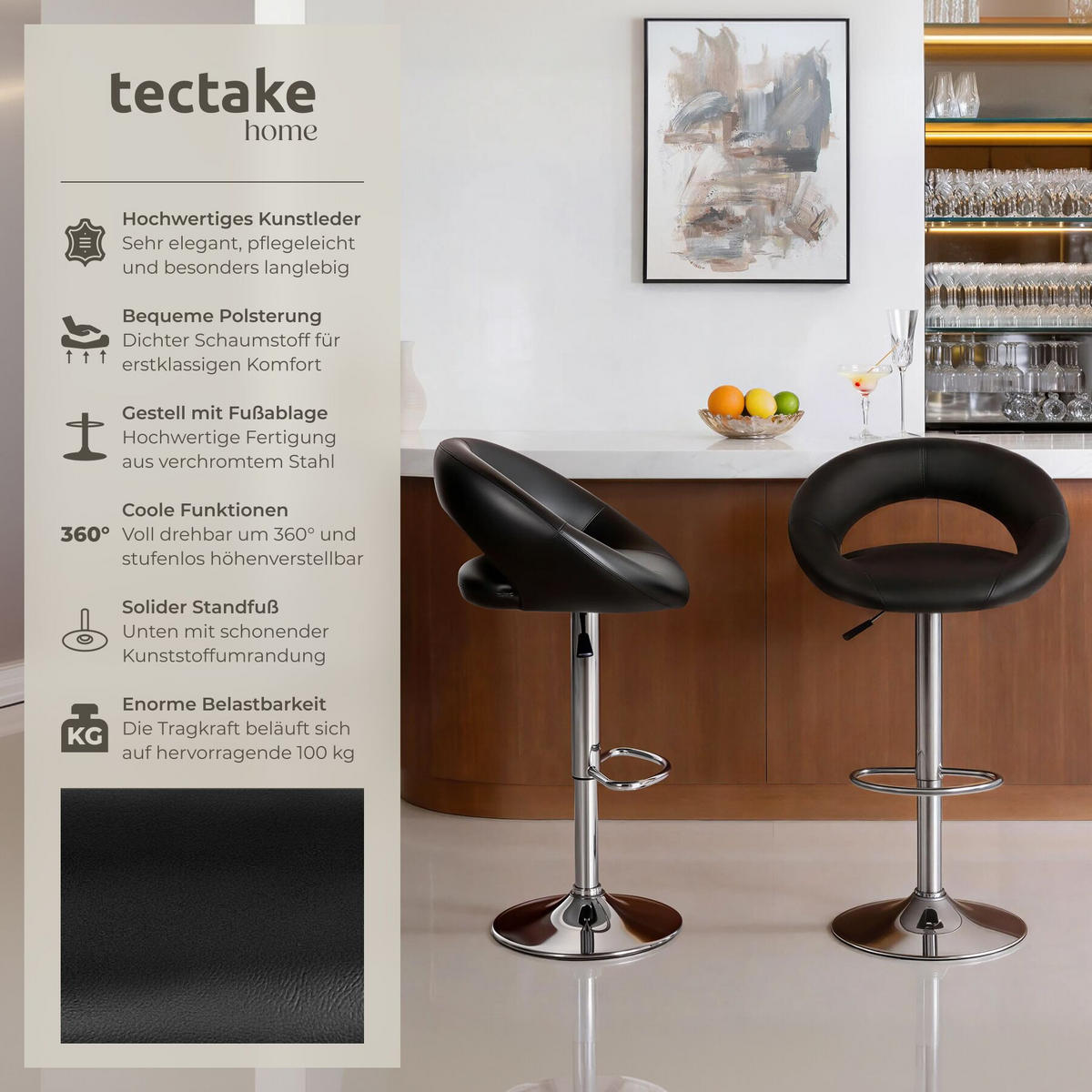 BARHOCKER 2er Set Christian, Sitzhöhe 63 - 83 cm, schwarz - Schwarz, Leder/Textil (34/100/40cm) - tectake